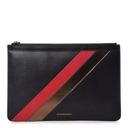 Burberry Metallic Grained Calfskin Striped Zip Pouch Black 1 of 6