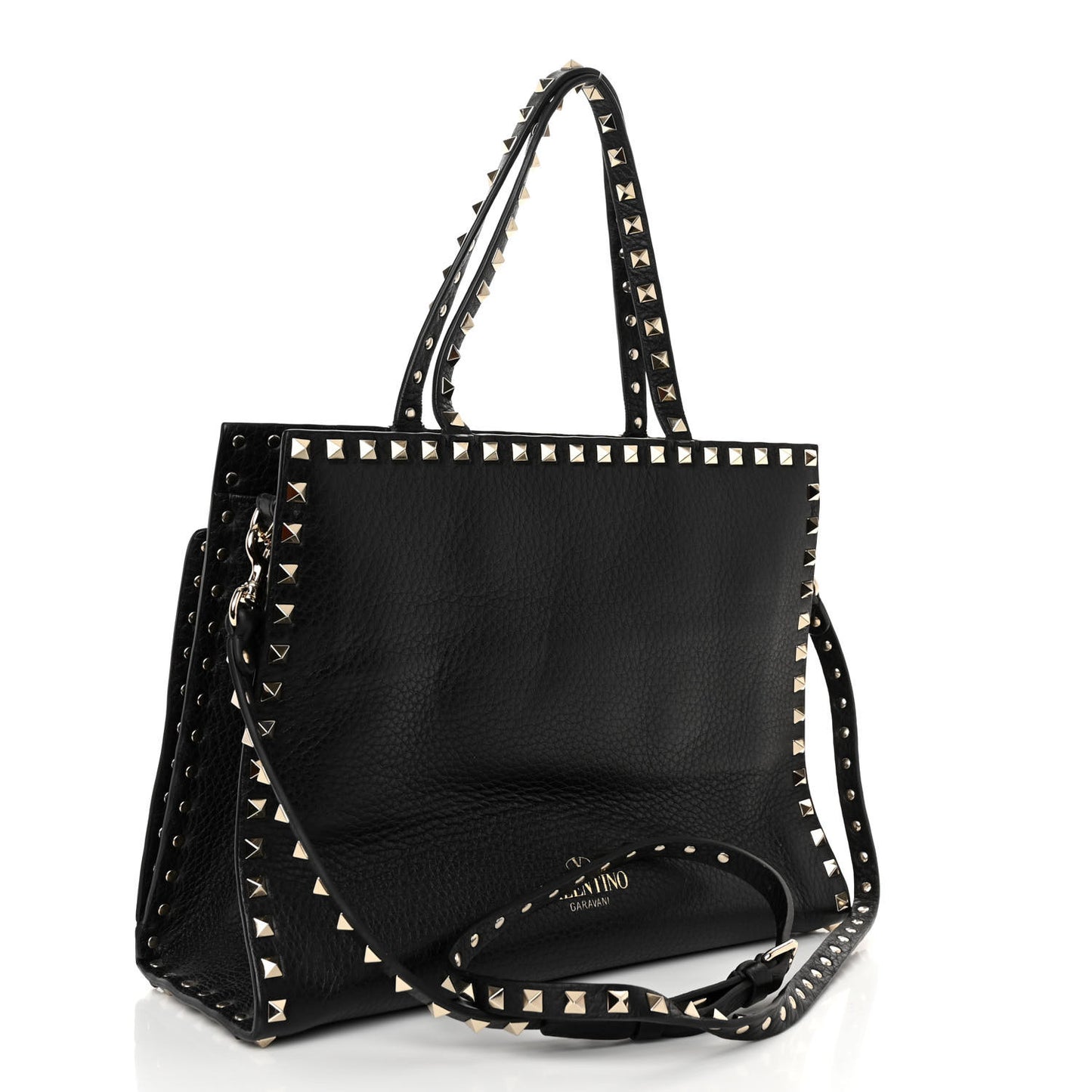 VALENTINO GARAVANI Grained Calfskin Rockstud Flip Lock Tote Black