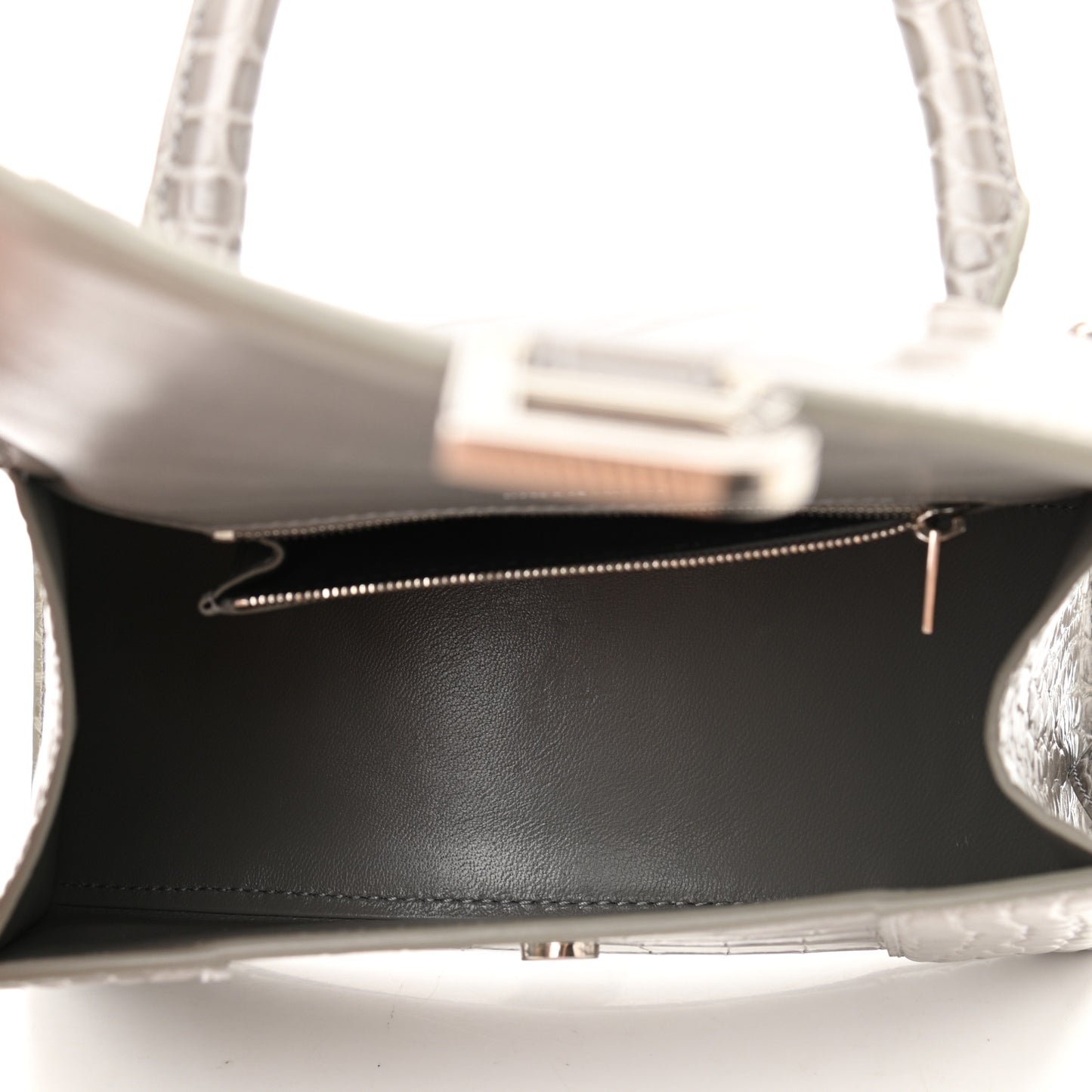 Shiny Calfskin Crocodile Embossed Small Hourglass Top Handle Bag Steel Grey