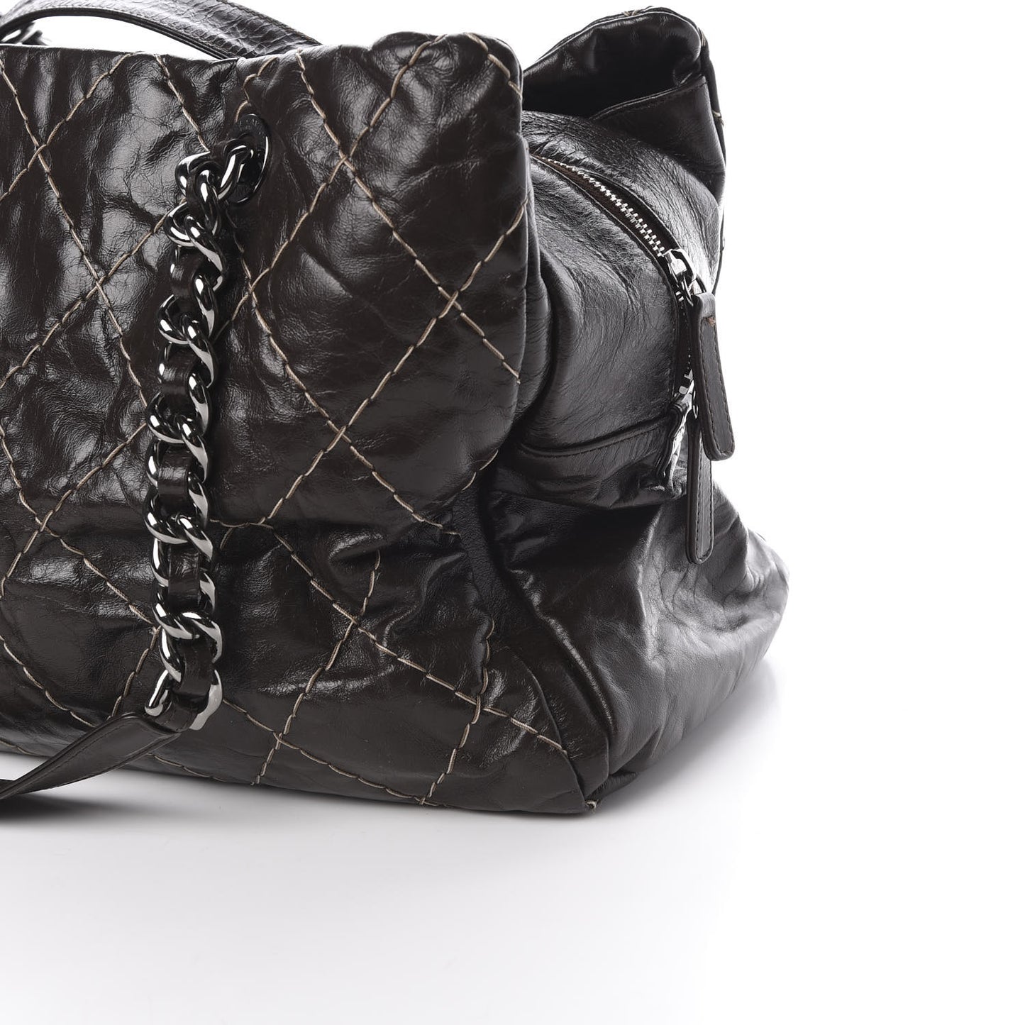 Glazed Goatskin Double Contrast Stitch Large Tote Brown