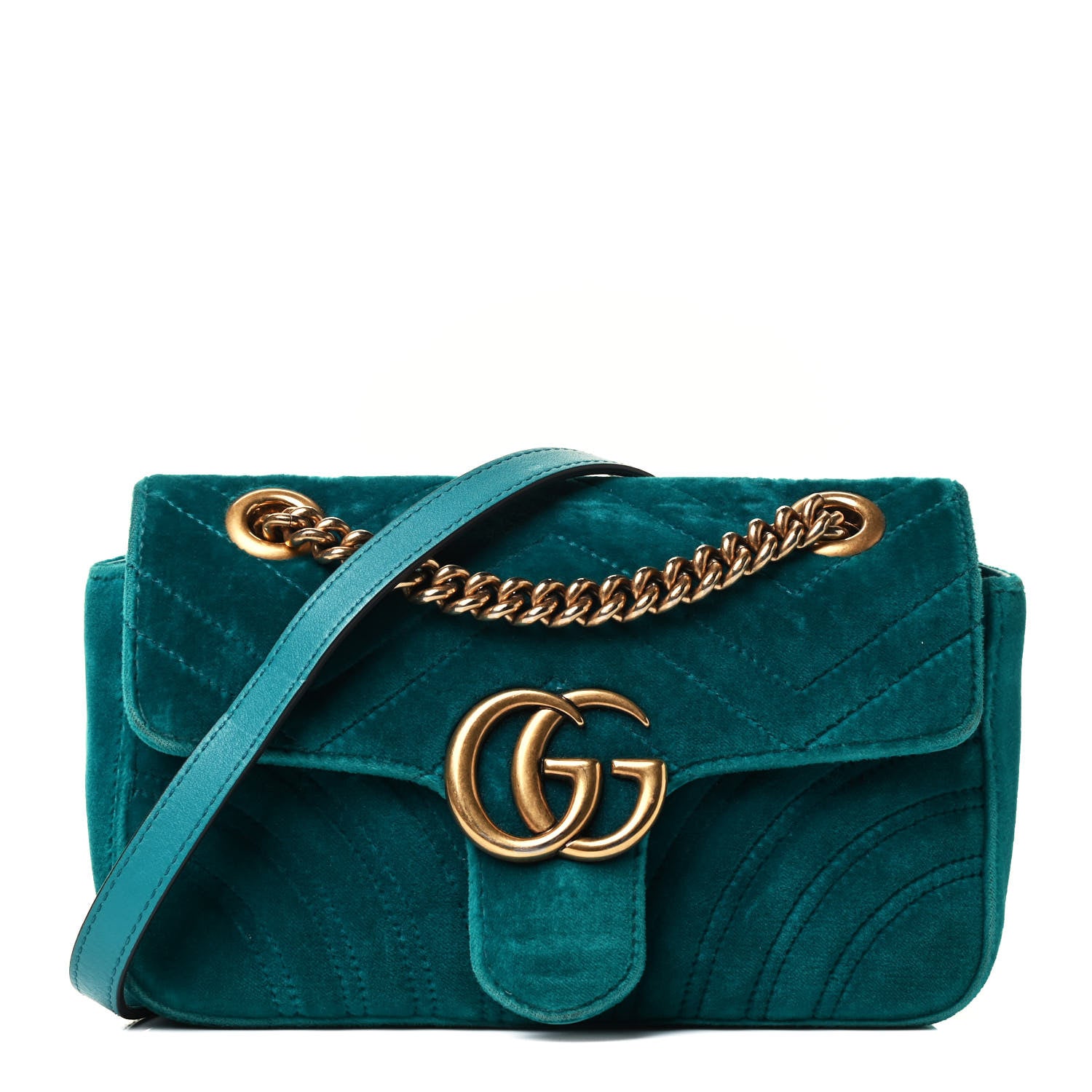Gucci Velvet Matelasse Mini GG Marmont Shoulder Bag Pavone Cyan 1 of 4