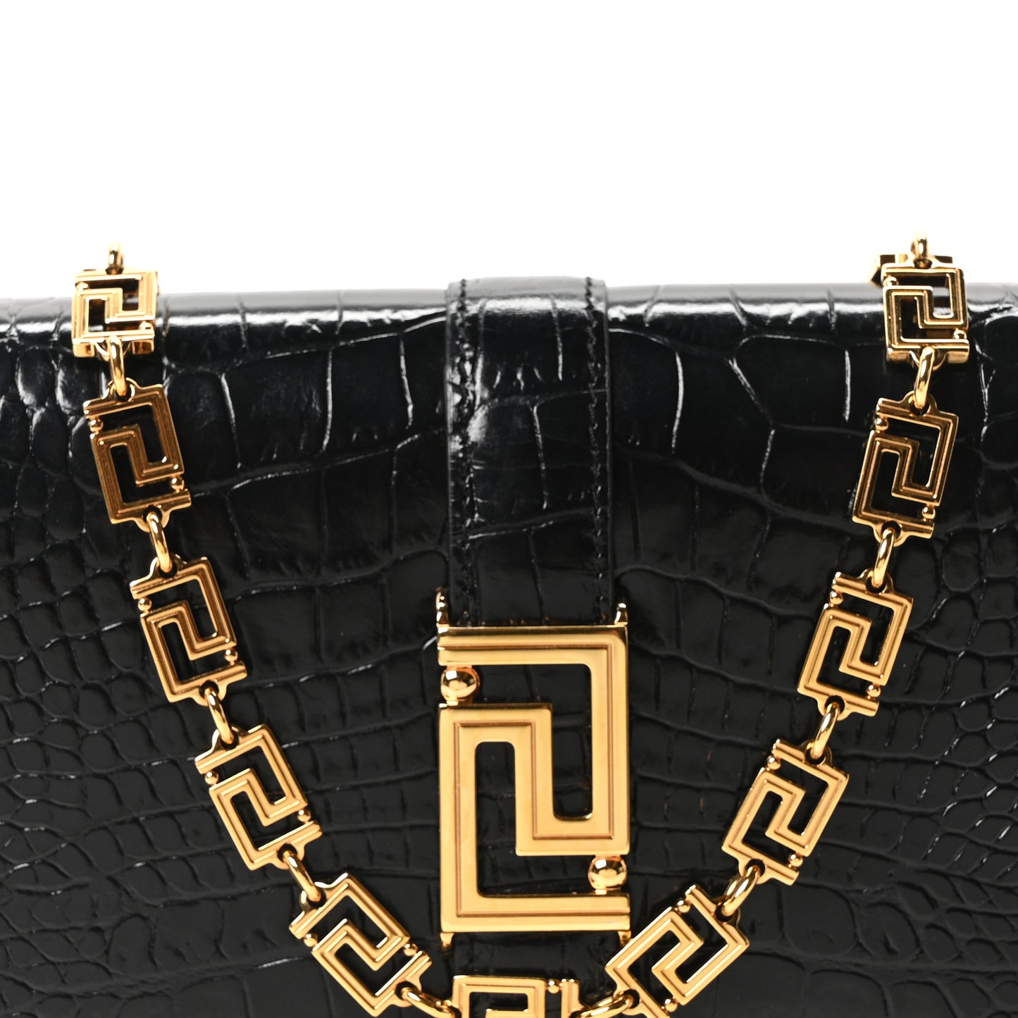 Crocodile Embossed Calfskin Greca Goddess Wallet On Chain Black