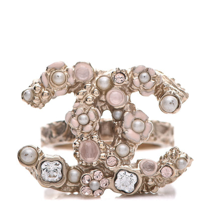 Chanel Resin Crystal Pearl CC Flower Ring 6.5 Gold 1 of 7