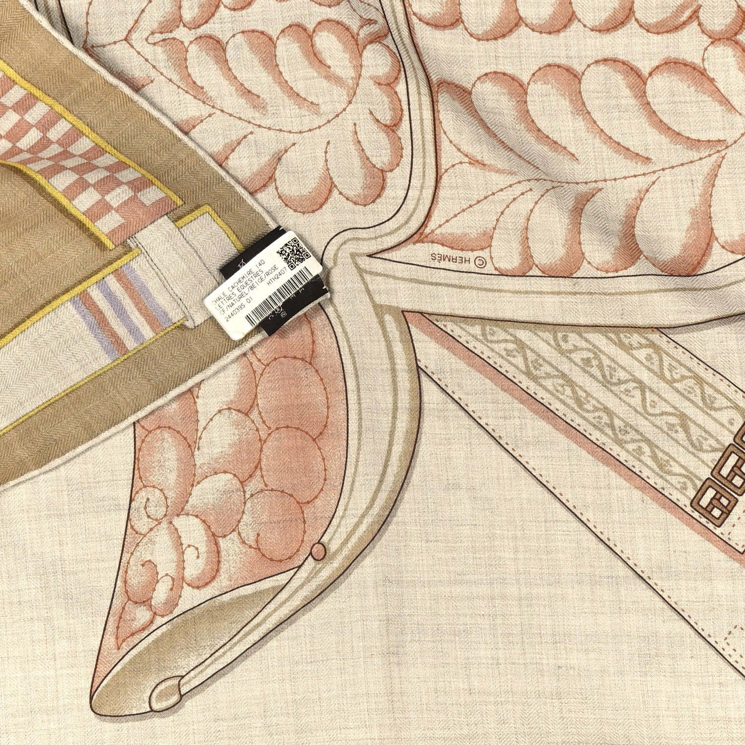 Hermes Cashmere Silk Lettres Equestre Scarf 140 Naturel Beige Rose 3 of 3