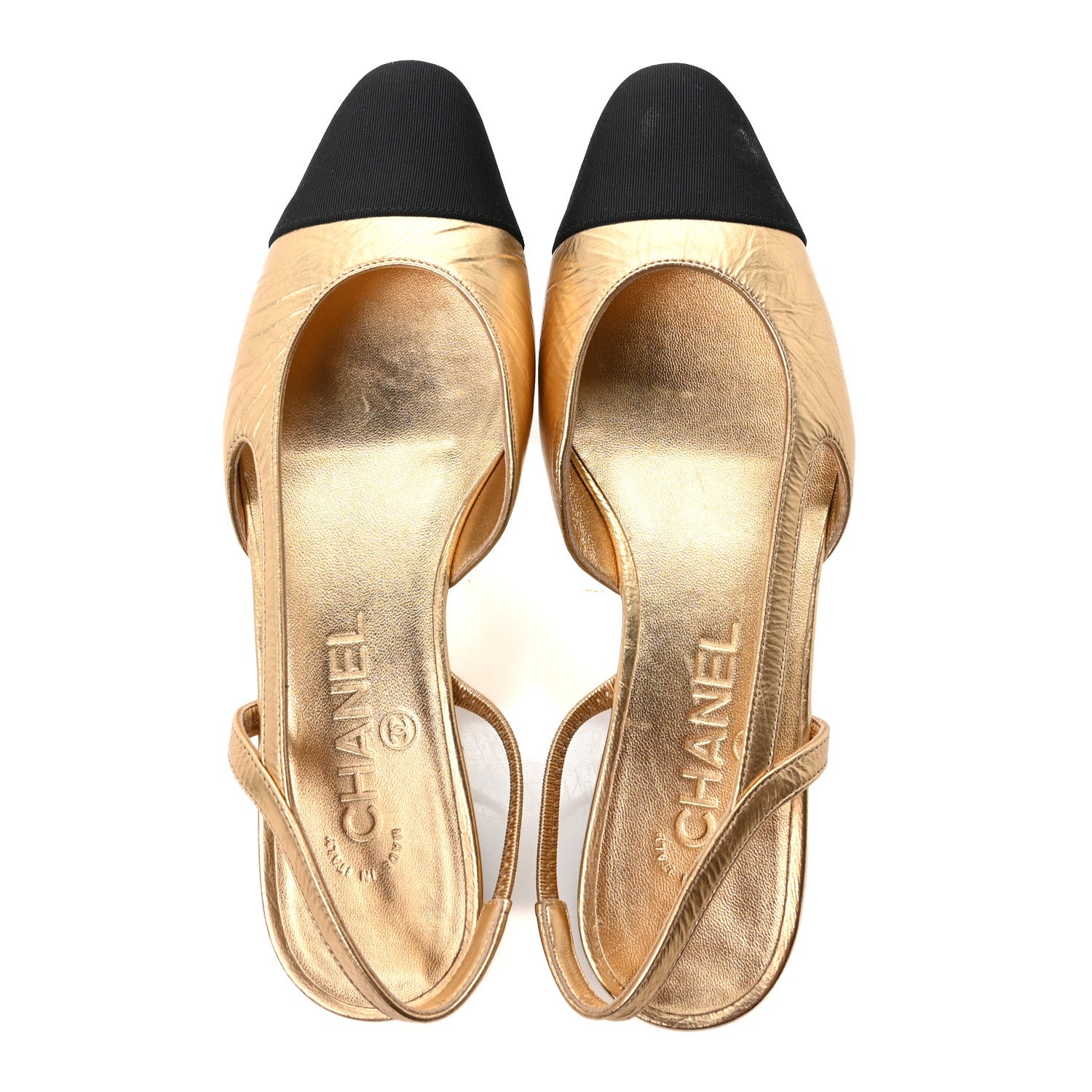 Chanel Goatskin Grosgrain Cap Toe CC Slingback Sandals 36 Dark Gold Black 2 of 10