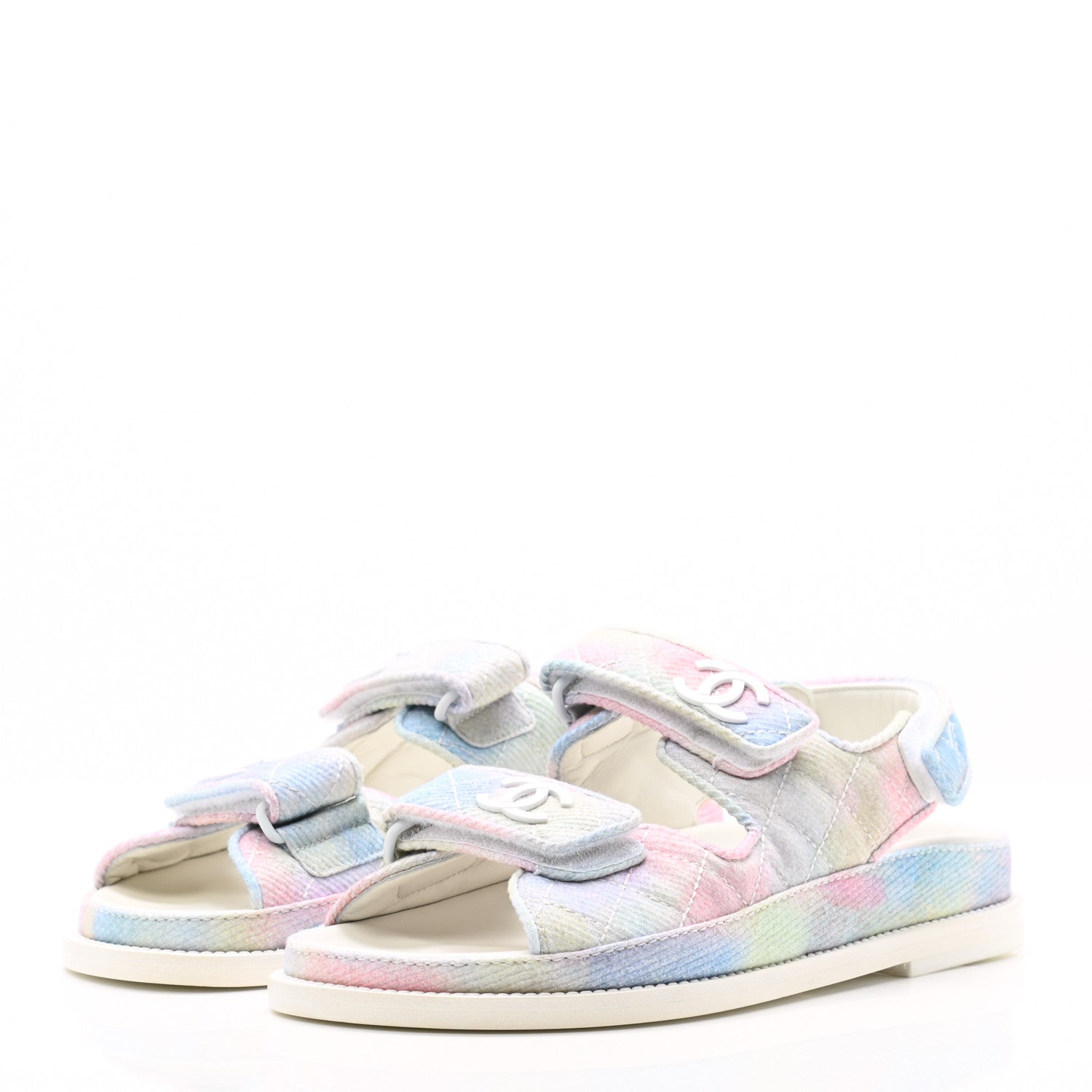 Chanel Printed Fabric Quilted Dad Sandals 35 Green Pink Blue 3 of 8