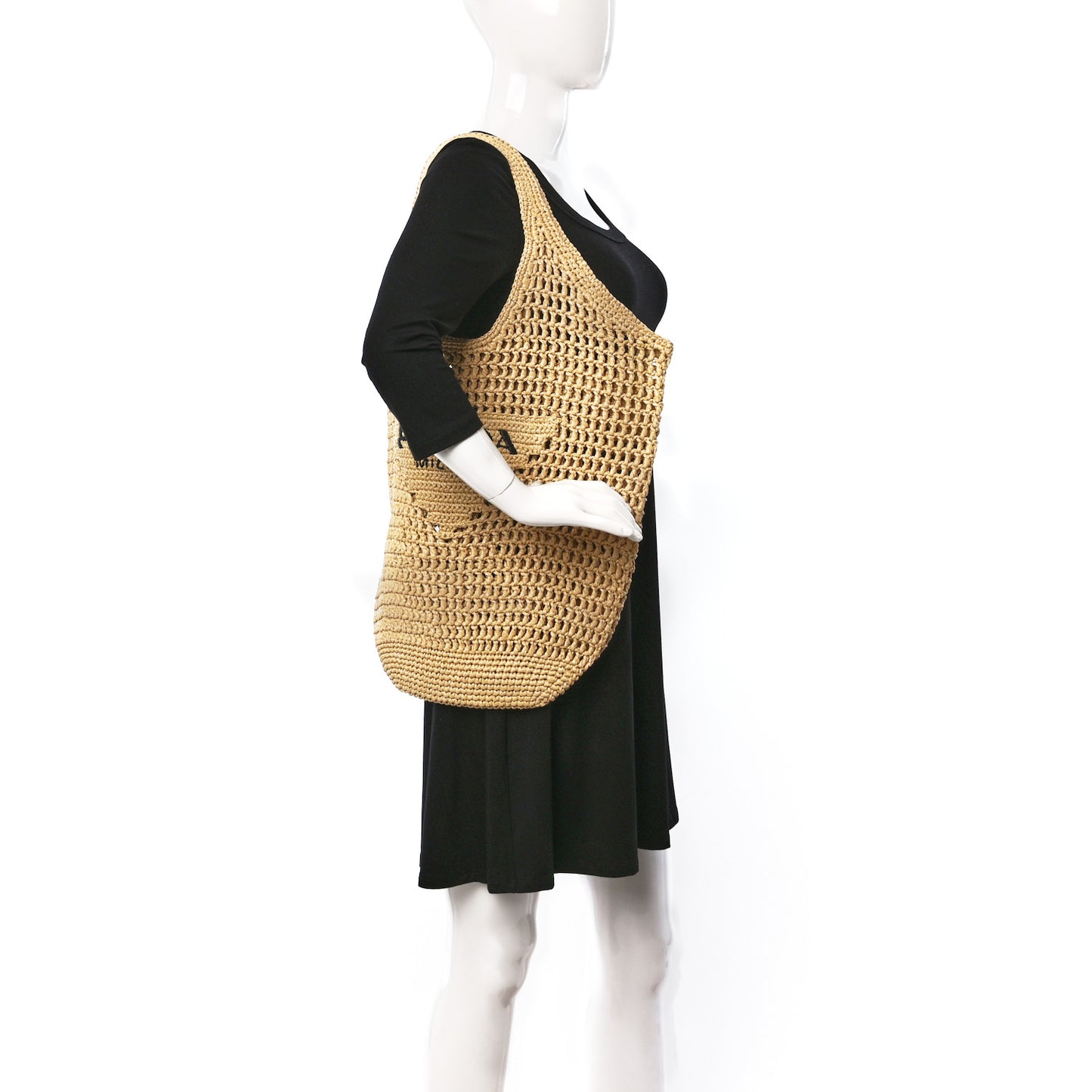 Yarn Raffia Effect Crochet Logo Embroidered Shopping Tote Bag Naturale