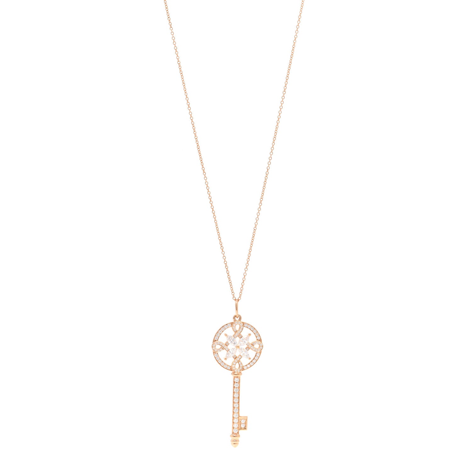 Tiffany 18K Rose Gold Diamond Round Victoria Key Pendant Necklace 1 of 5