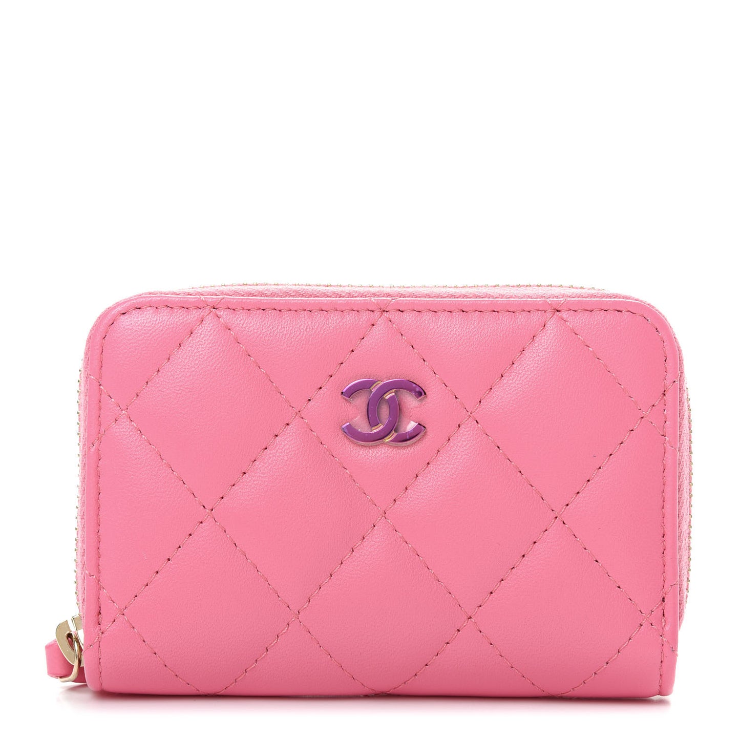 Lambskin Quilted Zip Around Coin Purse Wallet Pink Yellow