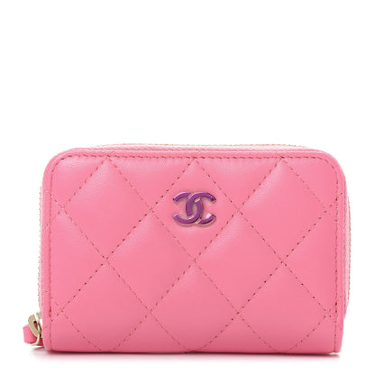 Chanel Lambskin Quilted Zip Around Coin Purse Wallet Pink Yellow 1 of 8