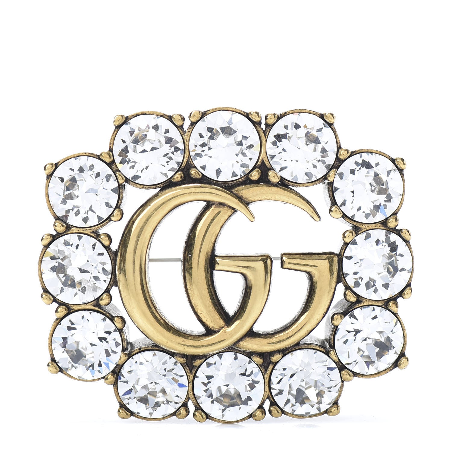 Gucci Metal Crystal Double G Brooch Aged Gold 1 of 5
