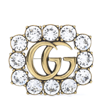 Gucci Metal Crystal Double G Brooch Aged Gold 1 of 5