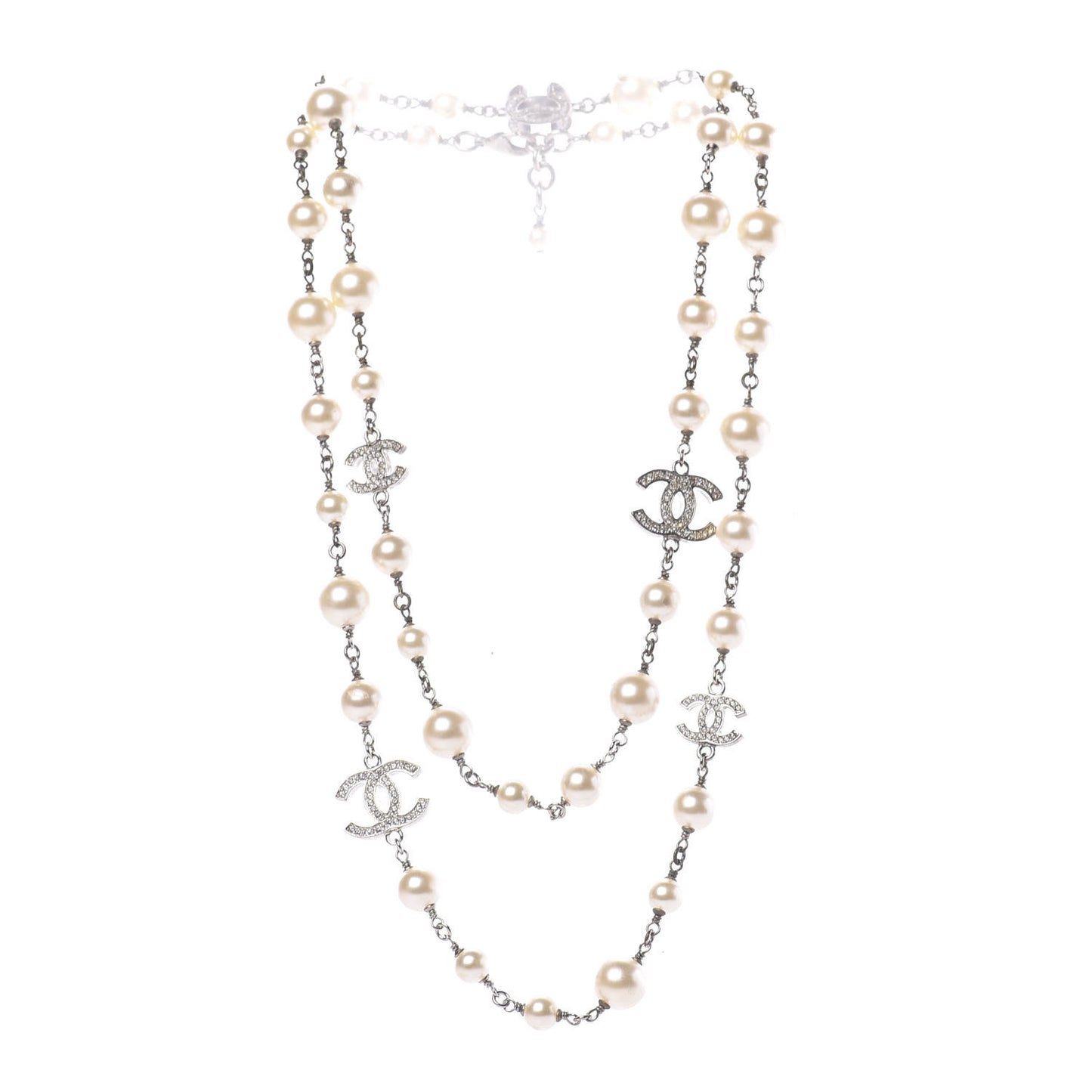 Crystal Pearl CC Long Necklace Silver