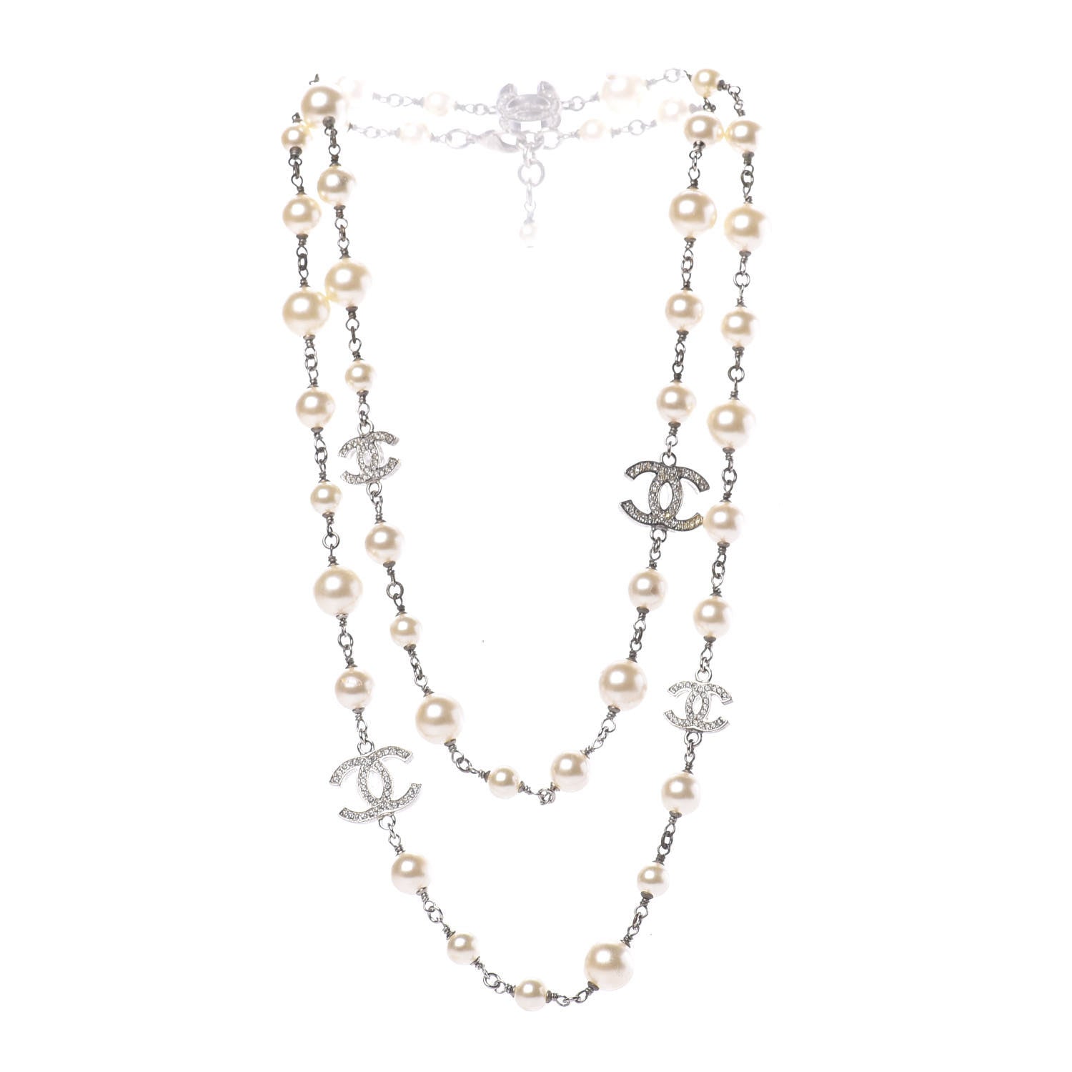 Chanel Crystal Pearl CC Long Necklace Silver 3 of 6