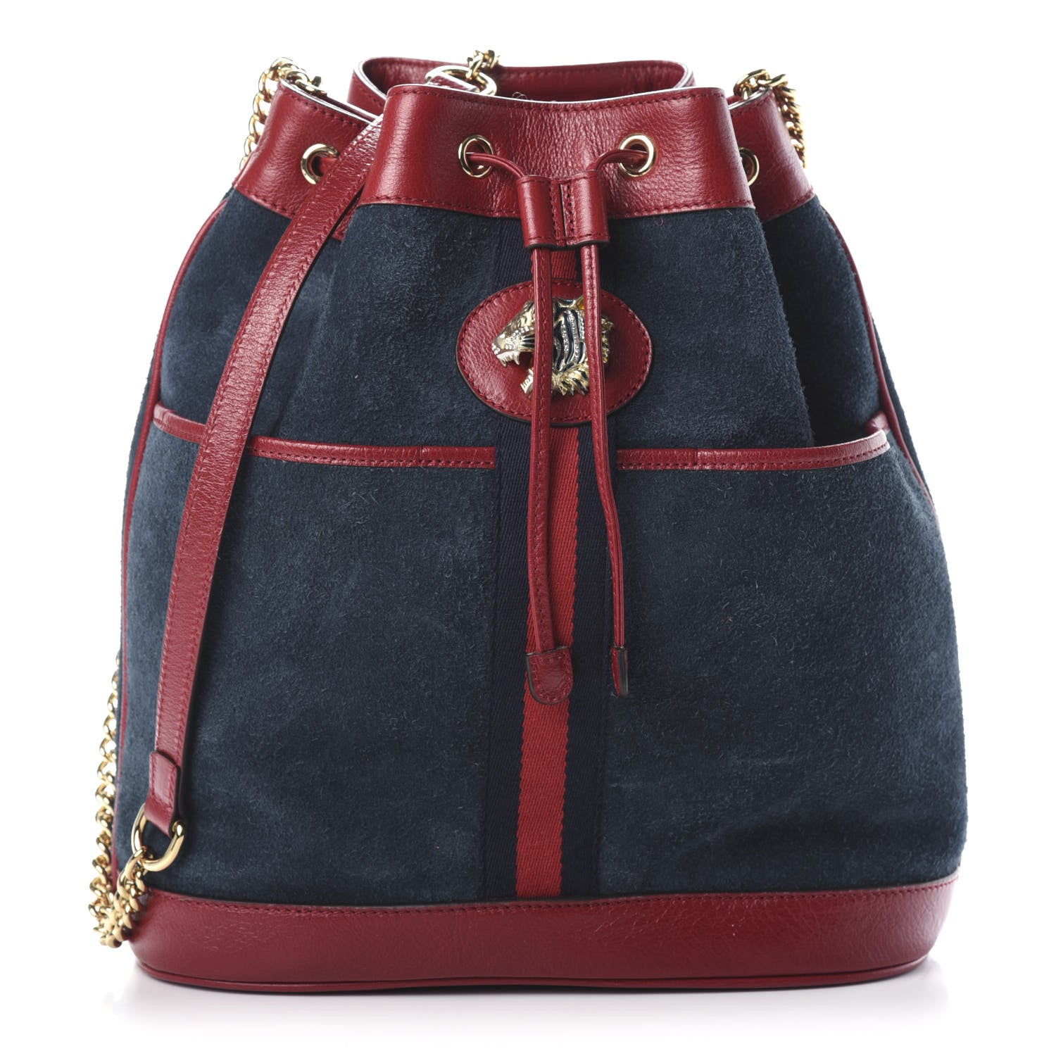 Gucci Suede Calfskin Web Medium Rajah Bucket Bag New Blue Romantic Cherry 1 of 9