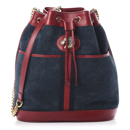 Gucci Suede Calfskin Web Medium Rajah Bucket Bag New Blue Romantic Cherry 1 of 9
