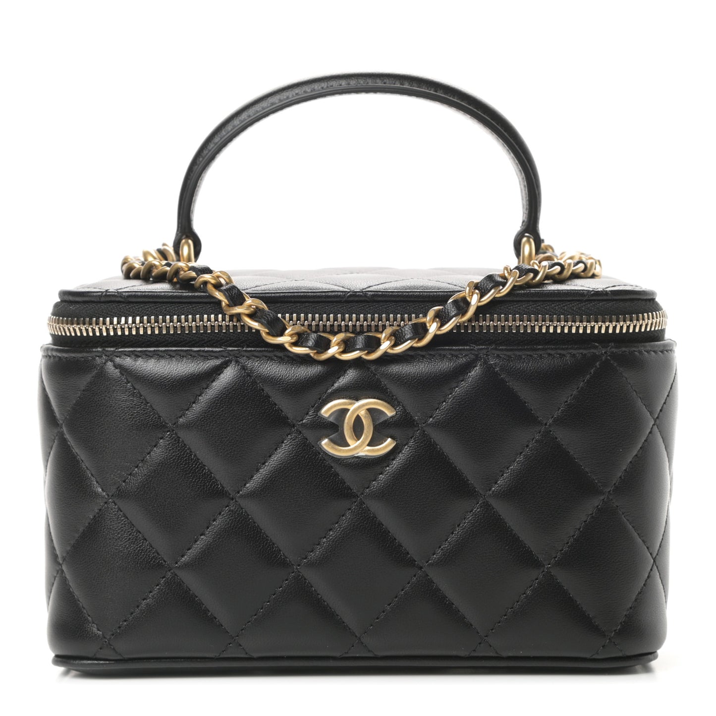 Lambskin Quilted Small Top Handle Vanity Case With Chain Black