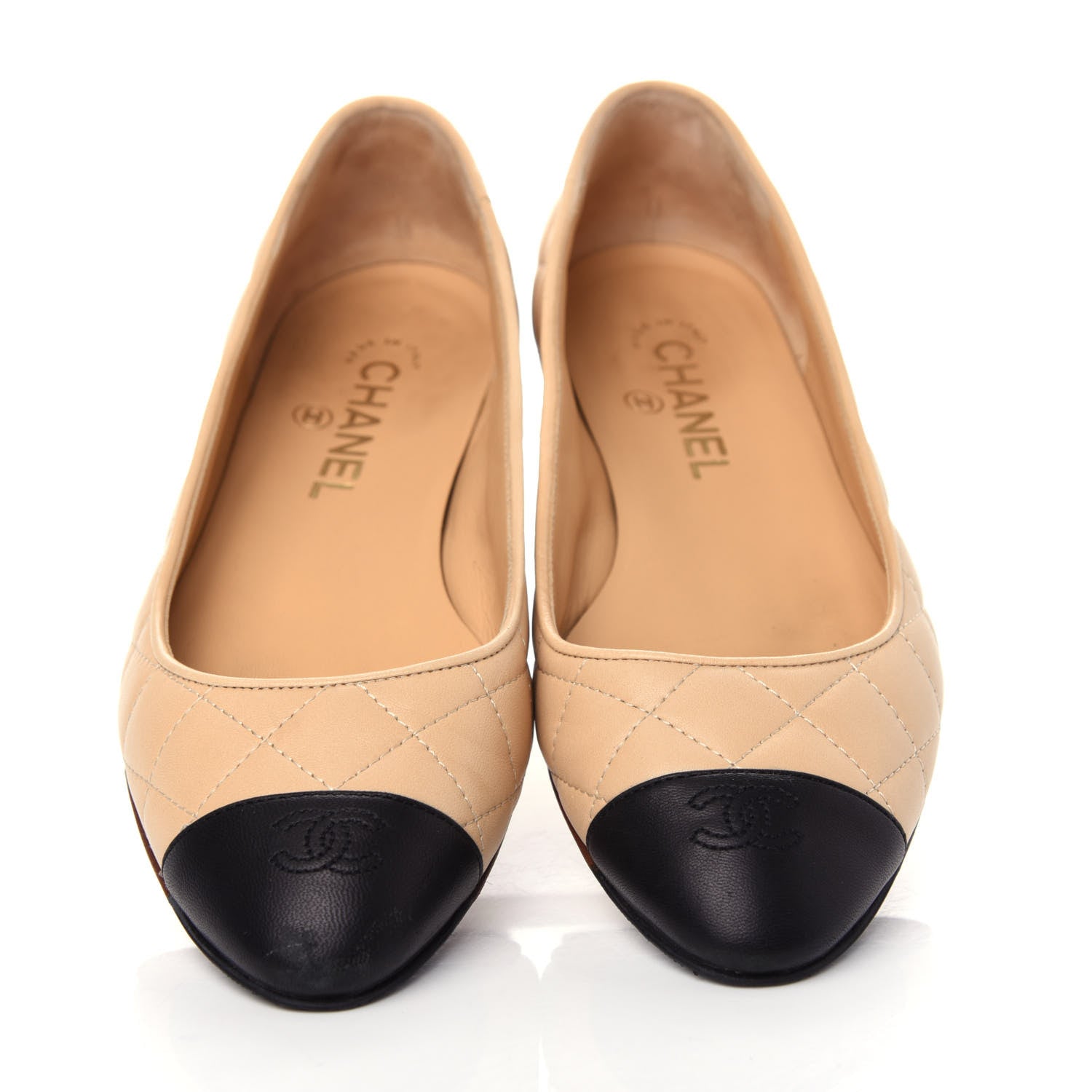 Chanel Lambskin Quilted Cap Toe Ballerina Flats 38.5 Beige Black 11 of 22