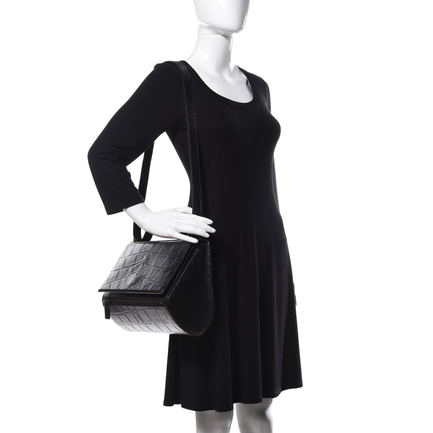 Calfskin Crocodile Embossed Medium Pandora Box Crossbody Bag Black