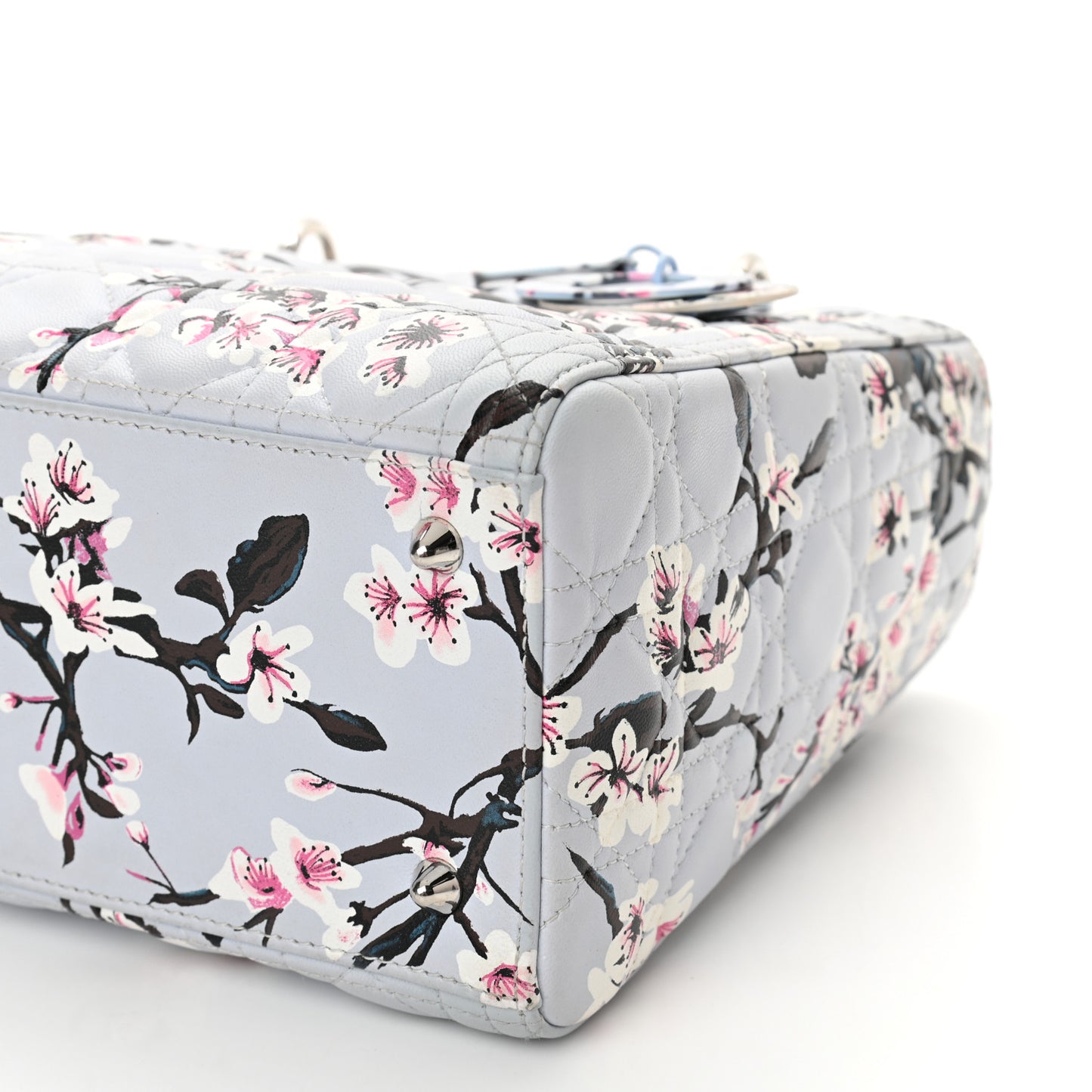 Lambskin Cannage Floral Printed Medium Lady Dior Light Blue