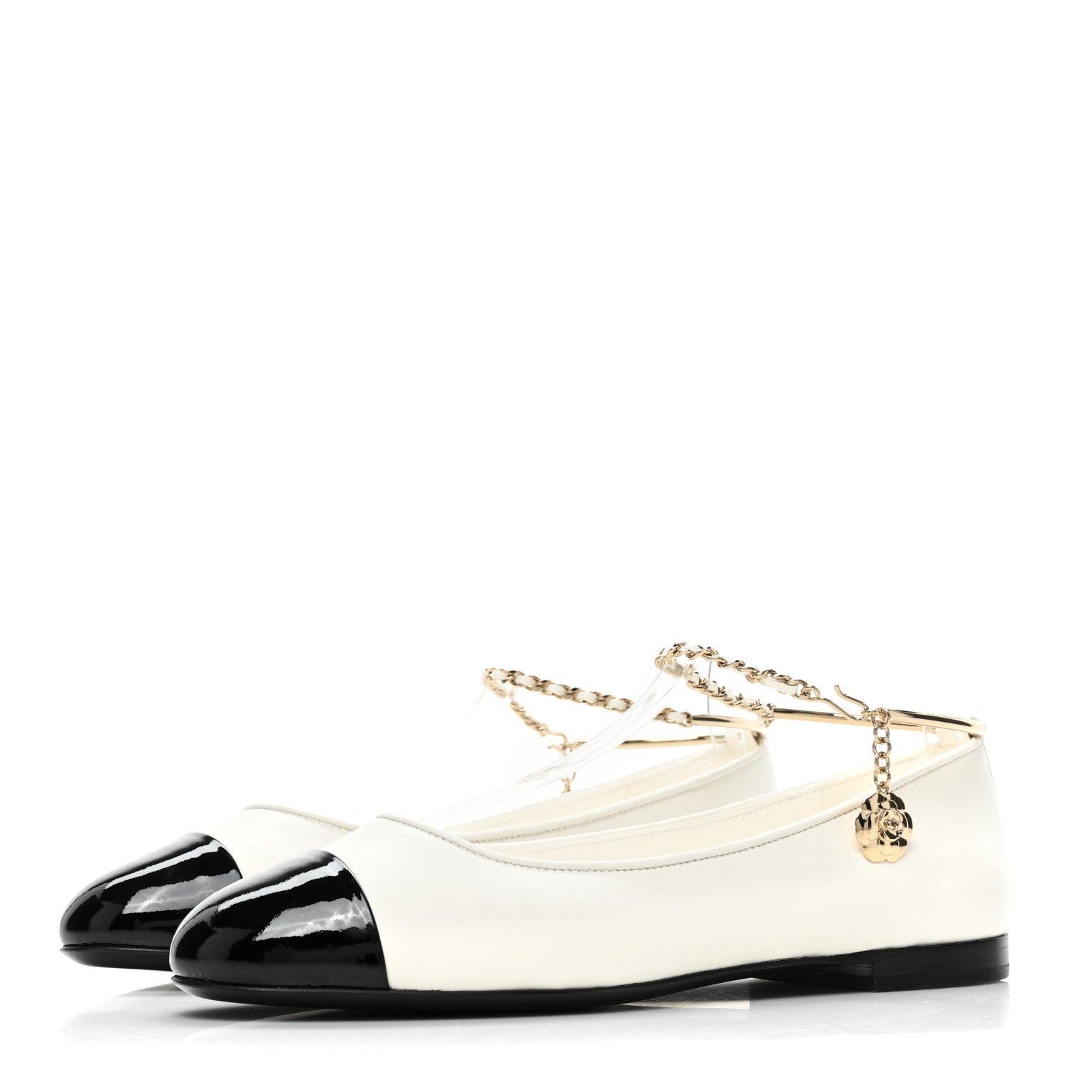 Chanel Lambskin Patent Calfskin Cap Toe Ankle Chain Ballerina Flats 37.5 White Black 3 of 9