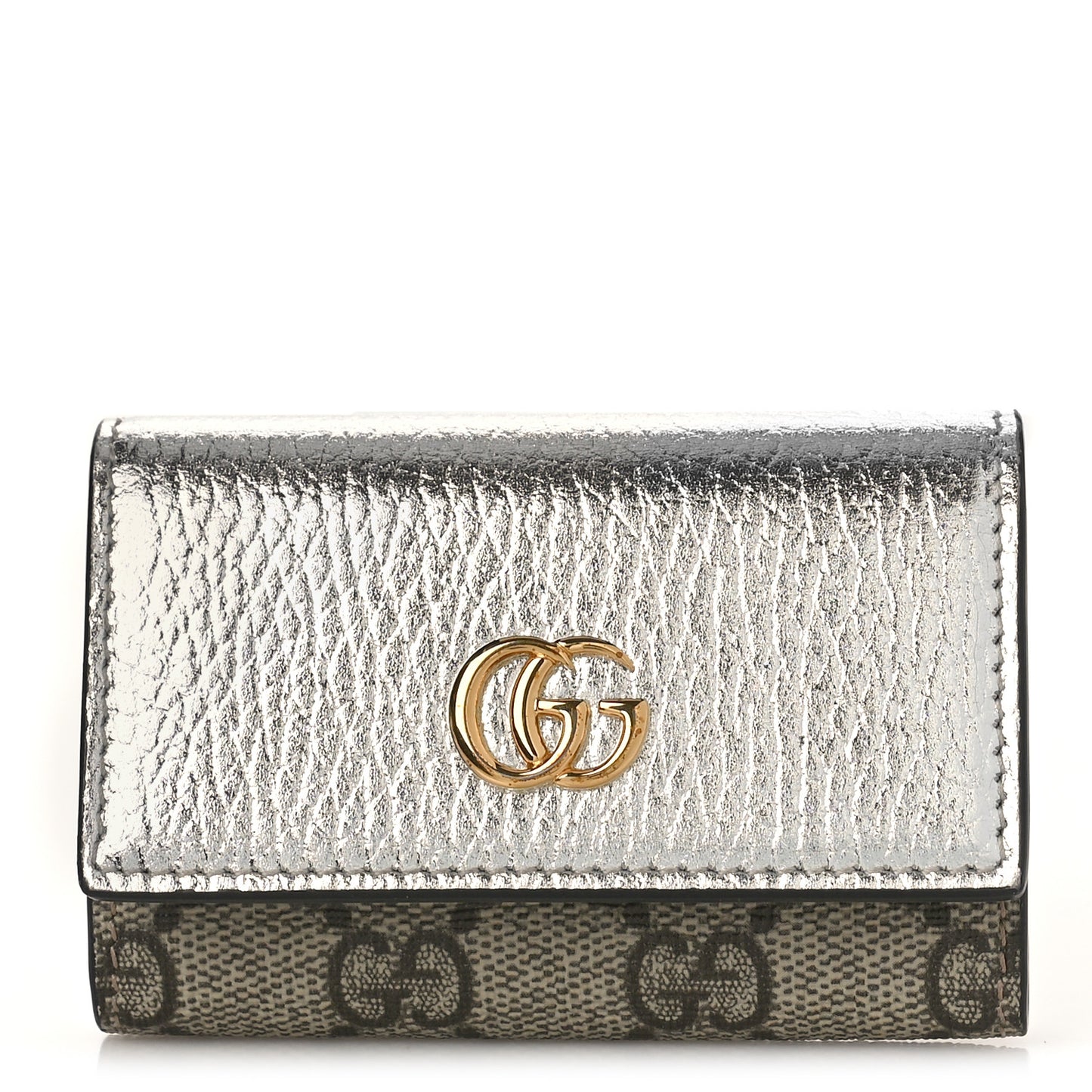 Metallic Calfskin GG Supreme Monogram GG Marmont 6 Key Holder Case Silver Beige Ebony