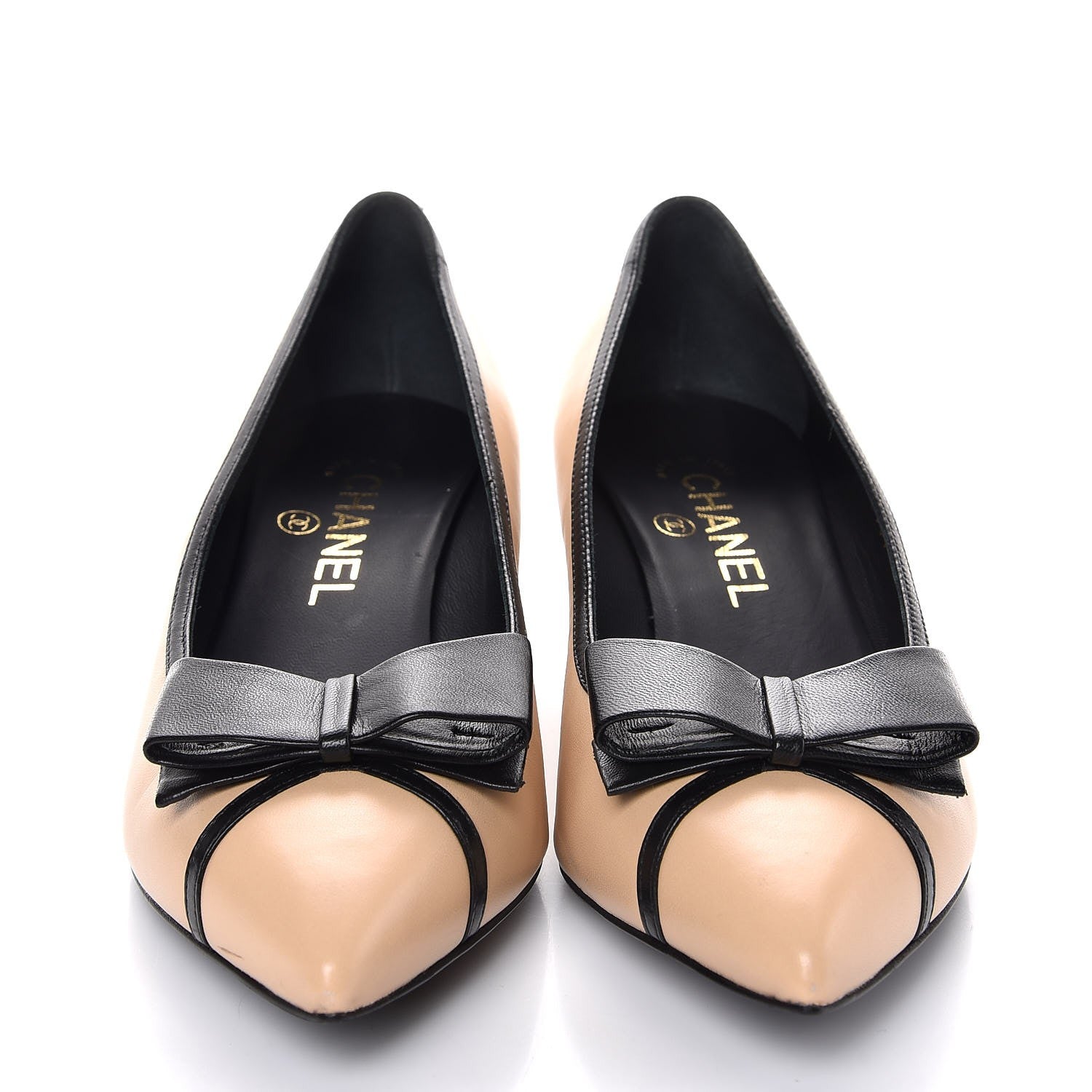 Chanel Lambskin Bow Pointed Toe Pumps 37 Beige Black 2 of 11