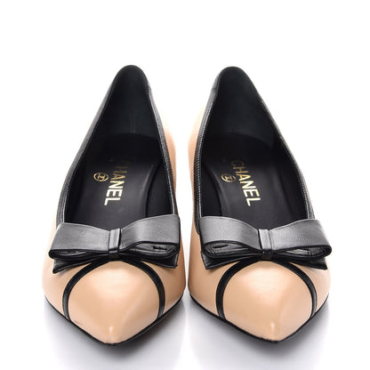 Chanel Lambskin Bow Pointed Toe Pumps 37 Beige Black 2 of 11