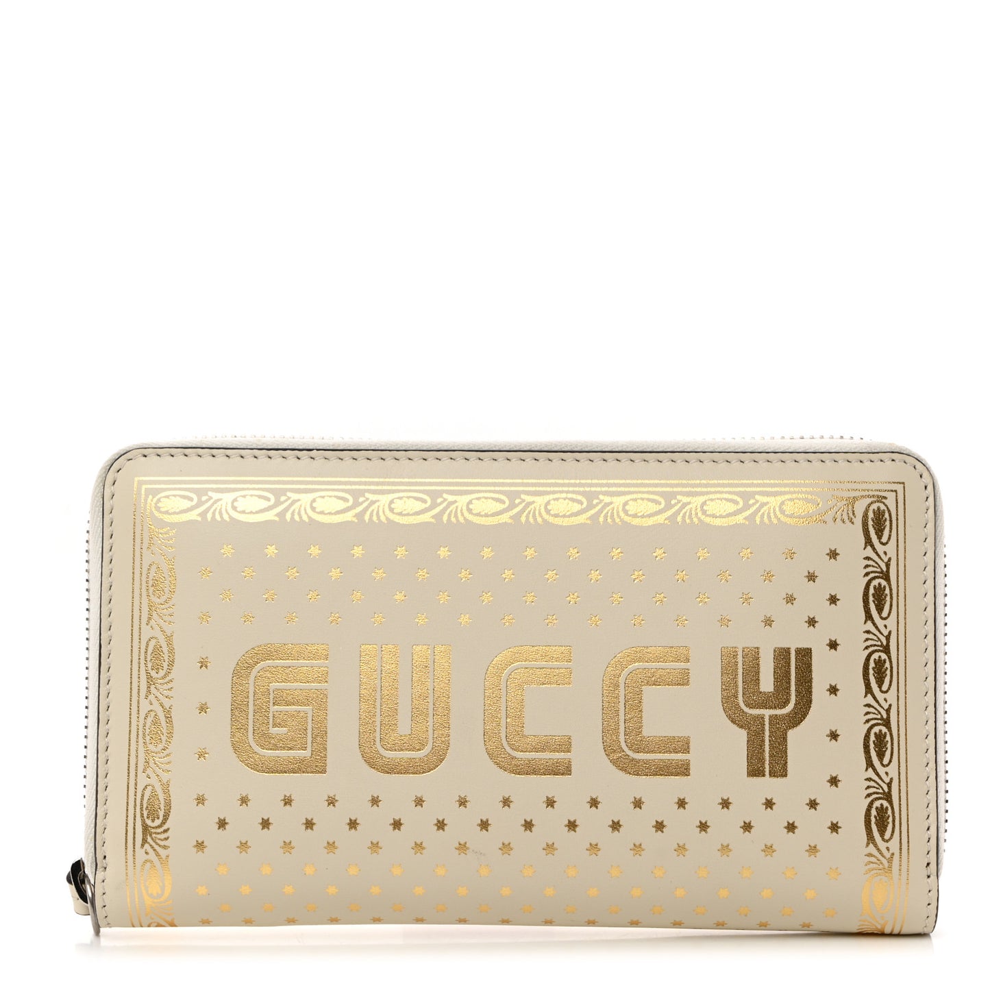 X SEGA Calfskin GUCCY Stars Zip Around Wallet Mystic White Gold