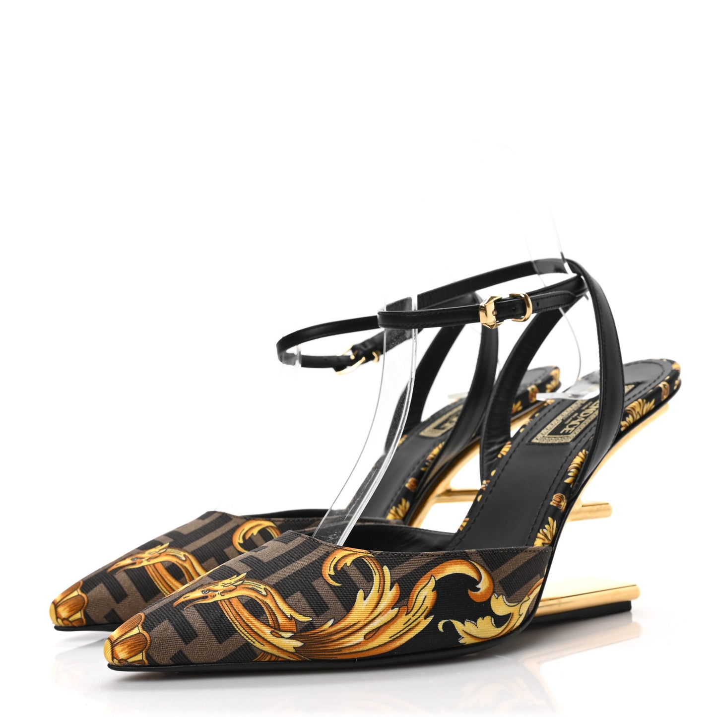 X VERSACE Silk Calfskin Fendace Fendi First 95mm Slingback Sandals 37.5 Tobacco Black Gold