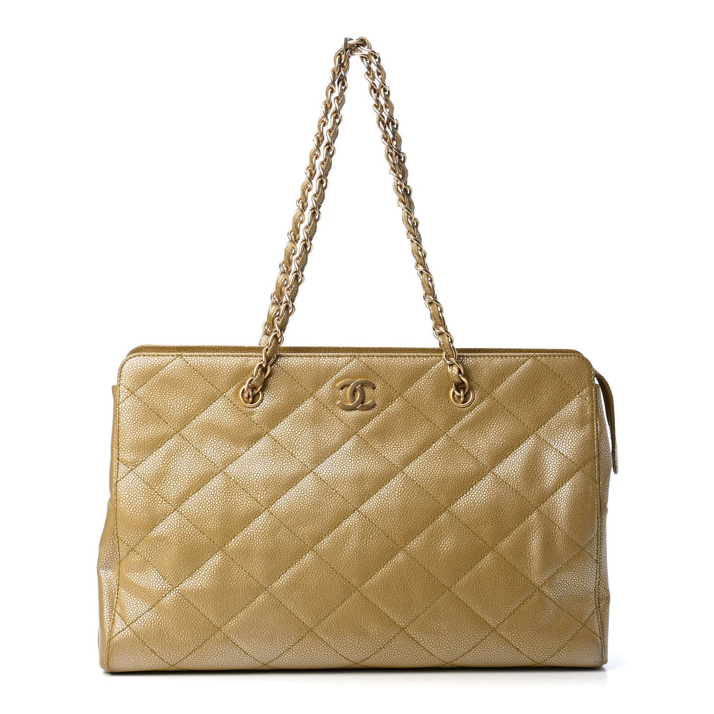 Metallic Caviar Quilted Shopping Tote Beige