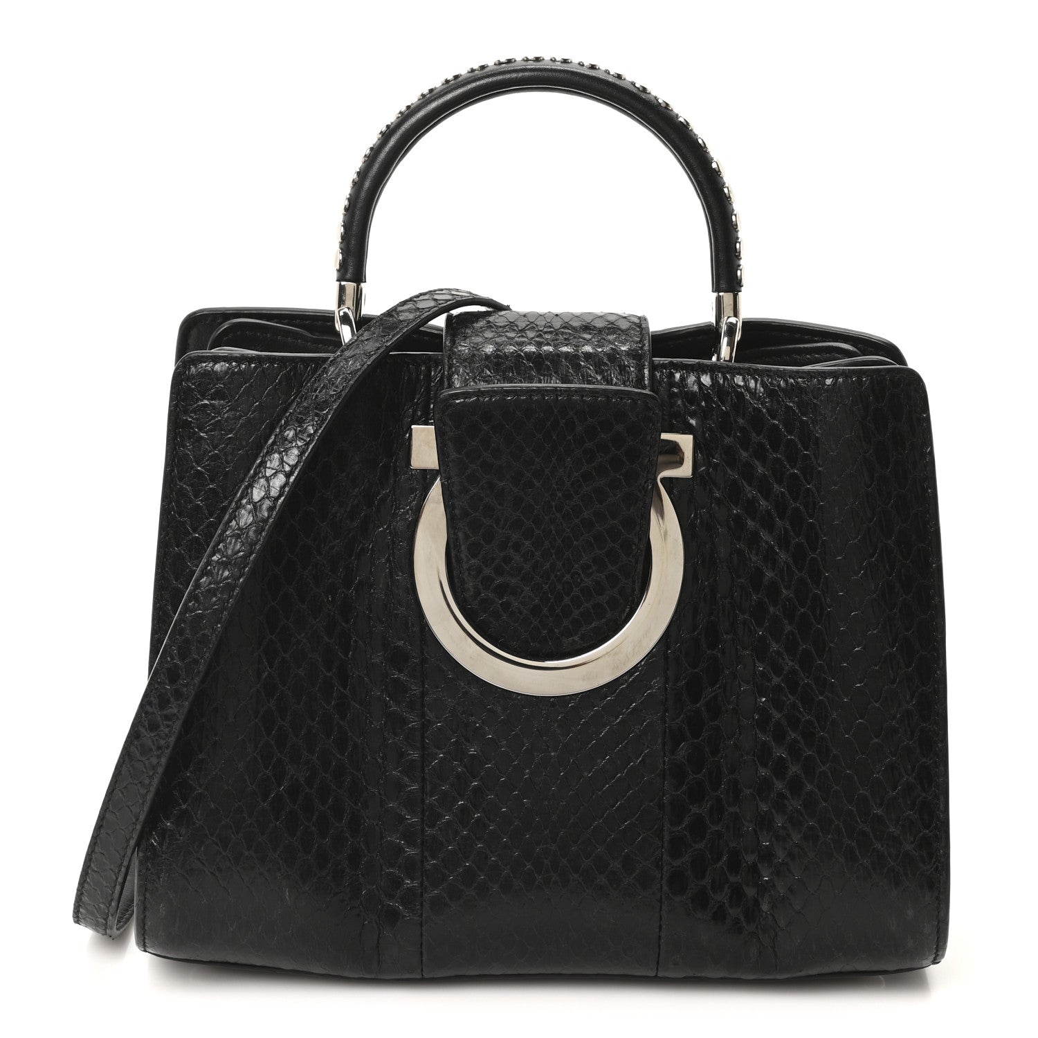 Salvatore Ferragamo Snakeskin Studded Thalia Top Handle Black 1 of 9