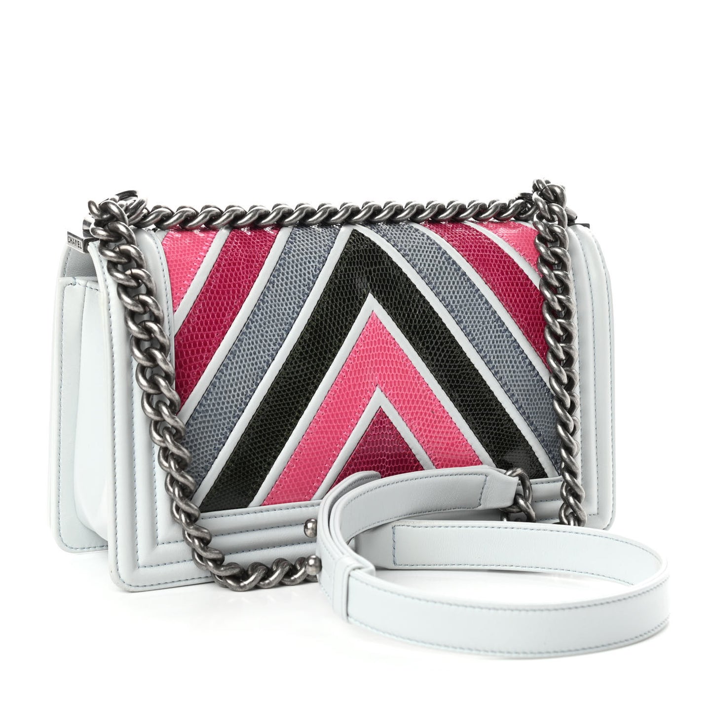 Lizard Chevron Quilted Medium Boy Flap Light Blue Multicolor