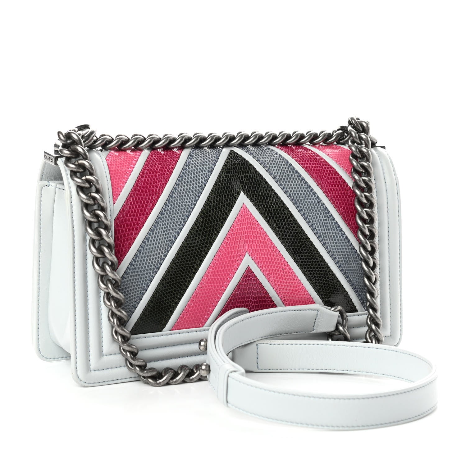Chanel Lizard Chevron Quilted Medium Boy Flap Light Blue Multicolor 3 of 11