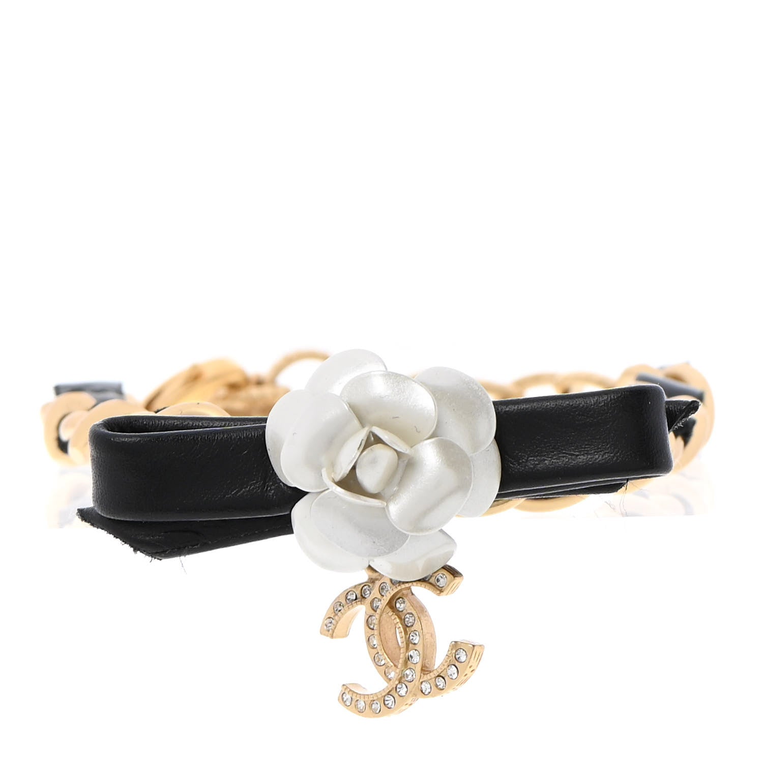 Chanel Metal Calfskin Crystal Chain 90's Camellia Bracelet Black Gold 1 of 6