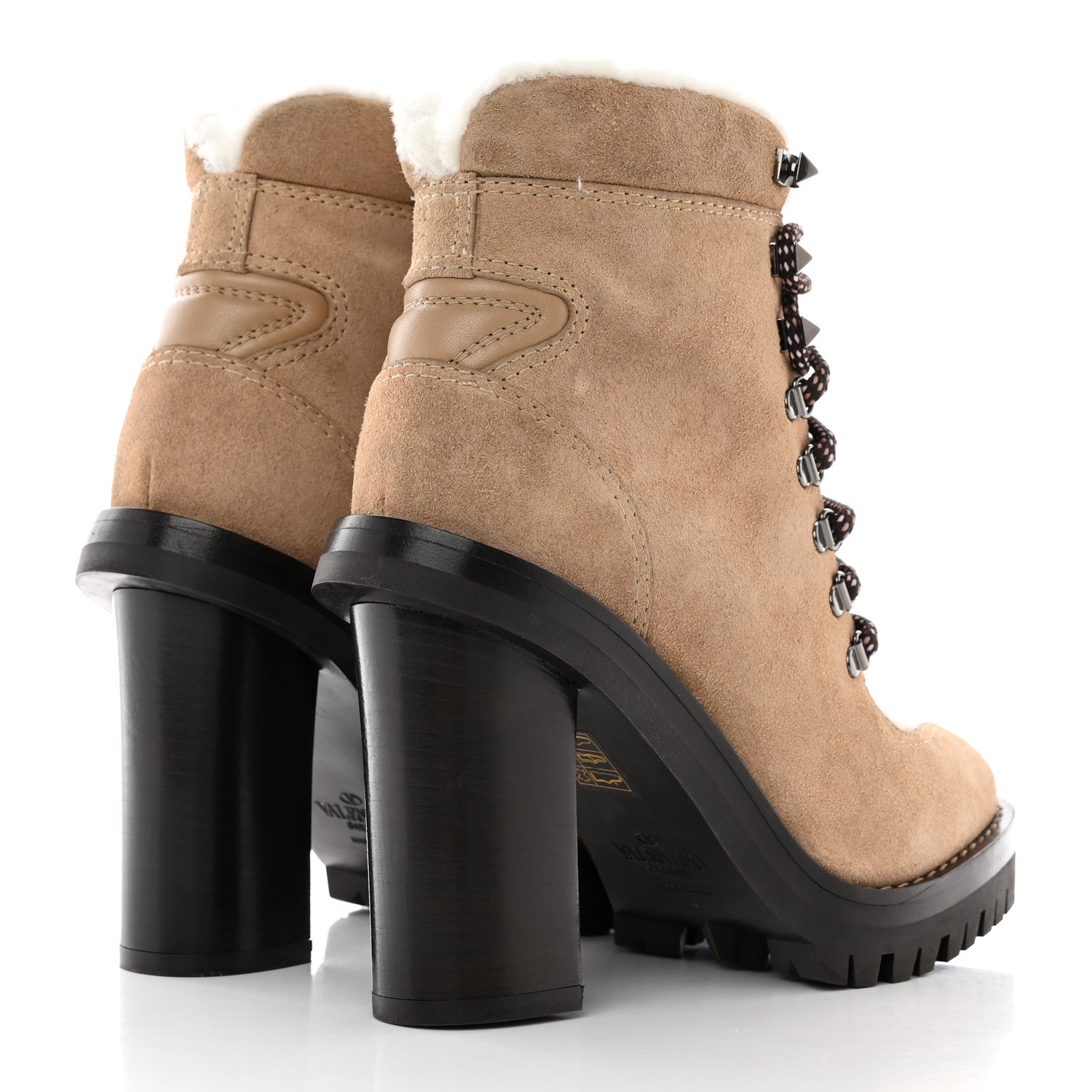 Valentino Garavani Suede Shearling Lace-Up Ankle Boots 36.5 Beige 4 of 14