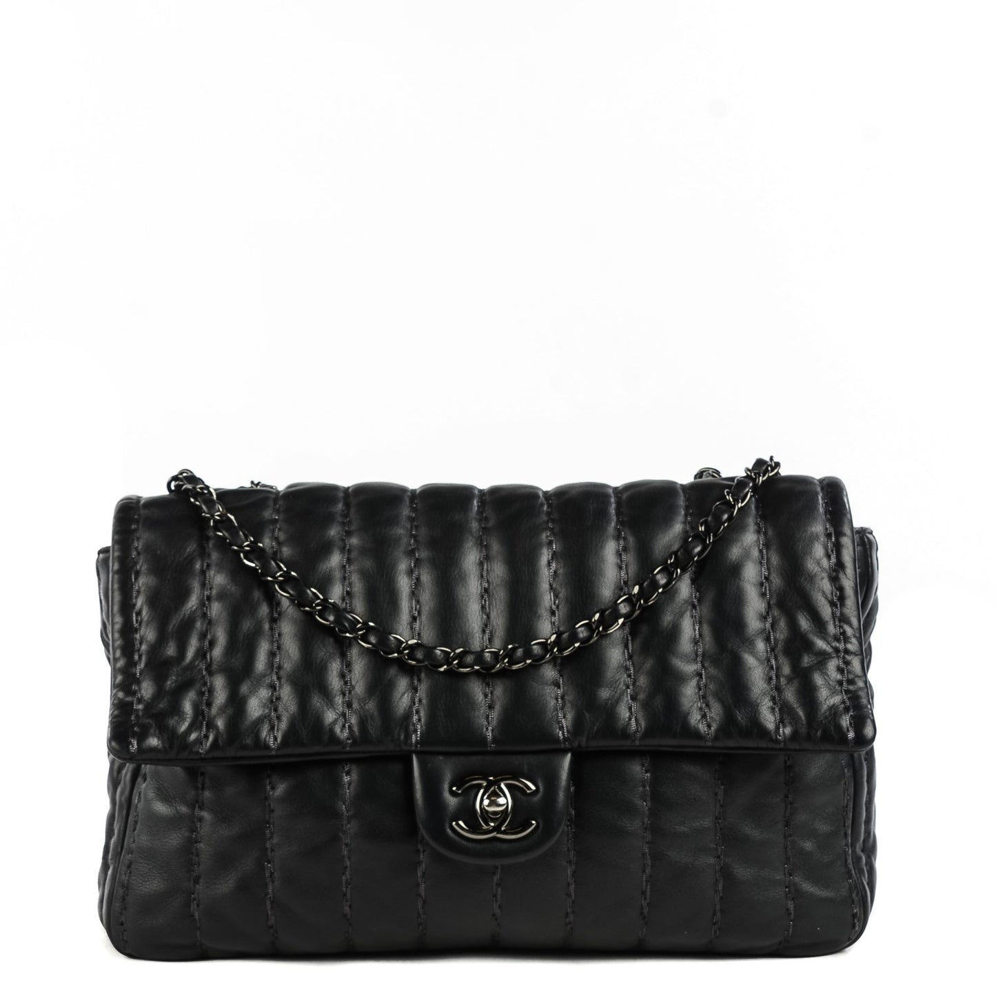 Lambskin Vertical Stitch Jumbo Single Flap Black