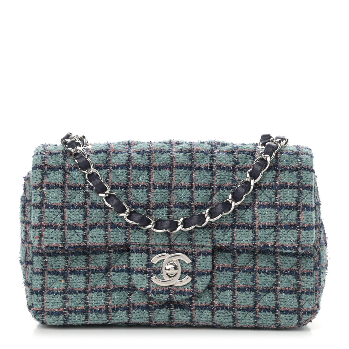Tweed Quilted Mini Rectangular Flap Green Navy Dark Beige
