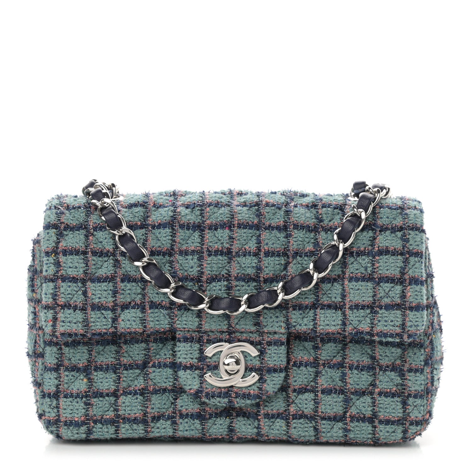 Chanel Tweed Quilted Mini Rectangular Flap Green Navy Dark Beige 1 of 10