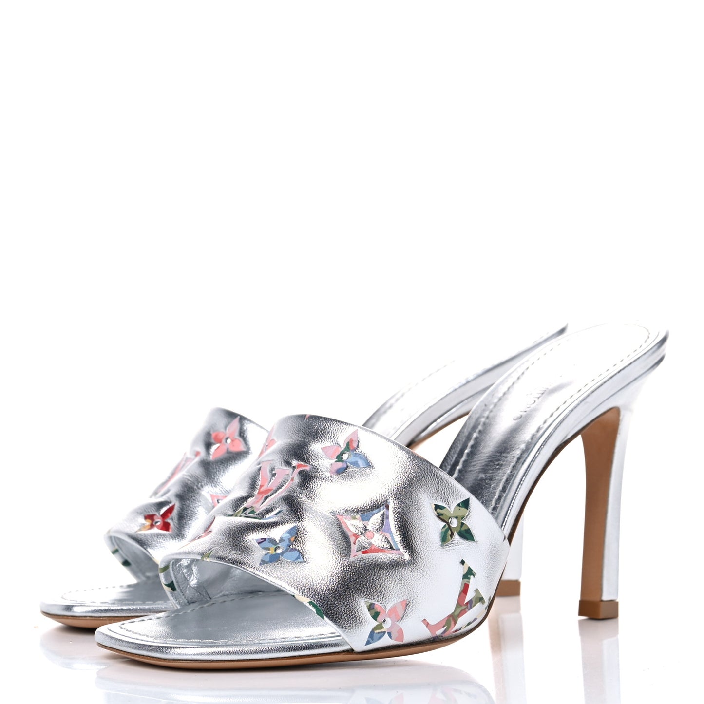 Metallic Lambskin Embossed Monogram LV Garden Revival High Heel Mules 37 Silver