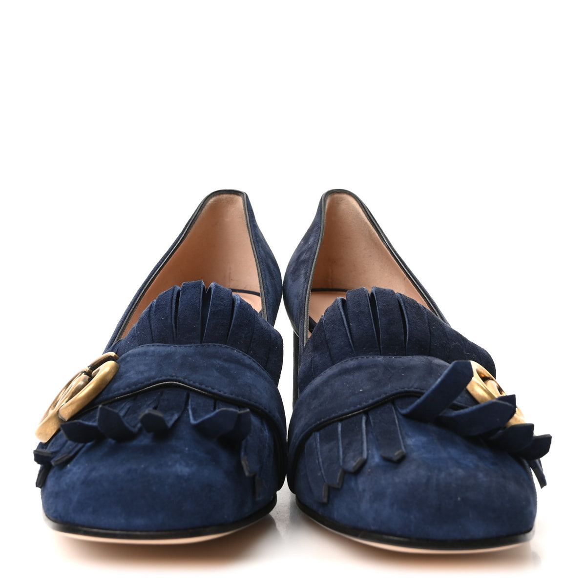 Kid Scamosciato GG Marmont Fringe 50mm Loafer Pumps 36.5 Blue Ink