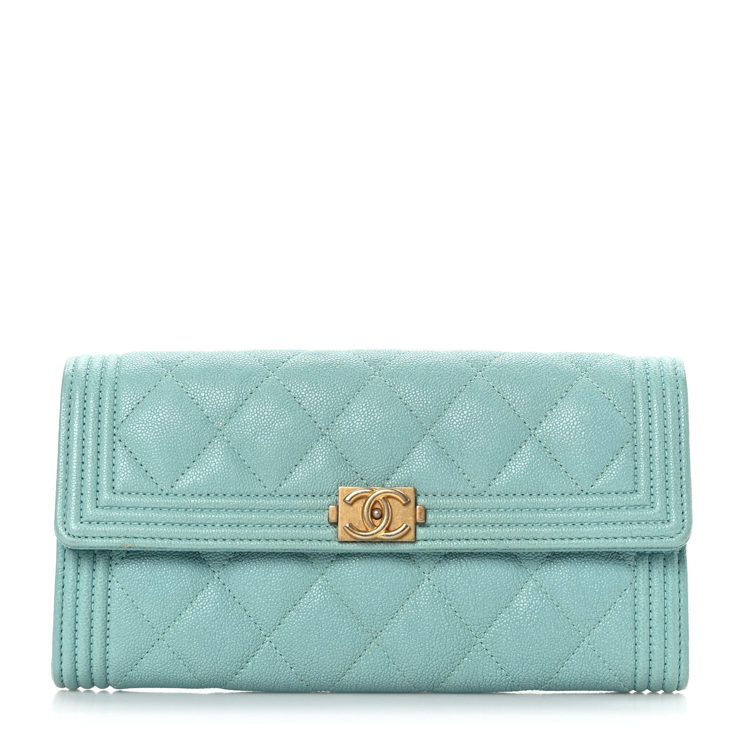 Caviar Quilted Large Boy Gusset Flap Wallet Light Blue