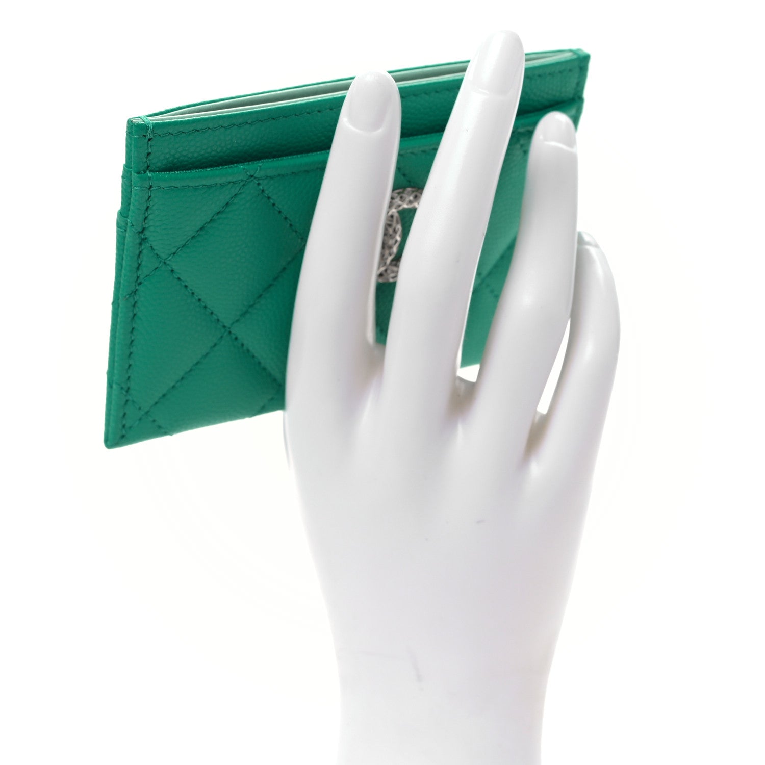 Chanel Caviar Metal Perforated Quilted CC Card Holder Green 2 of 11