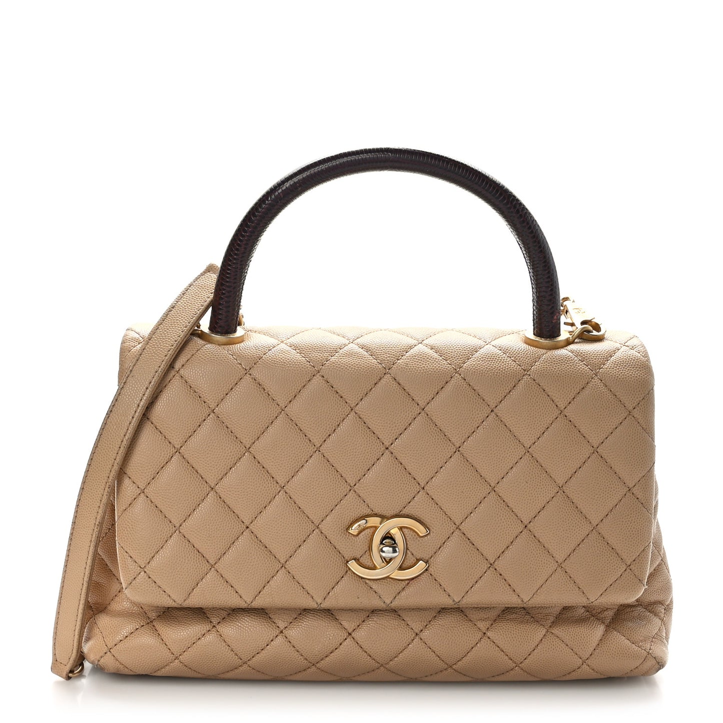 Caviar Lizard Embossed Quilted Small Coco Handle Flap Beige