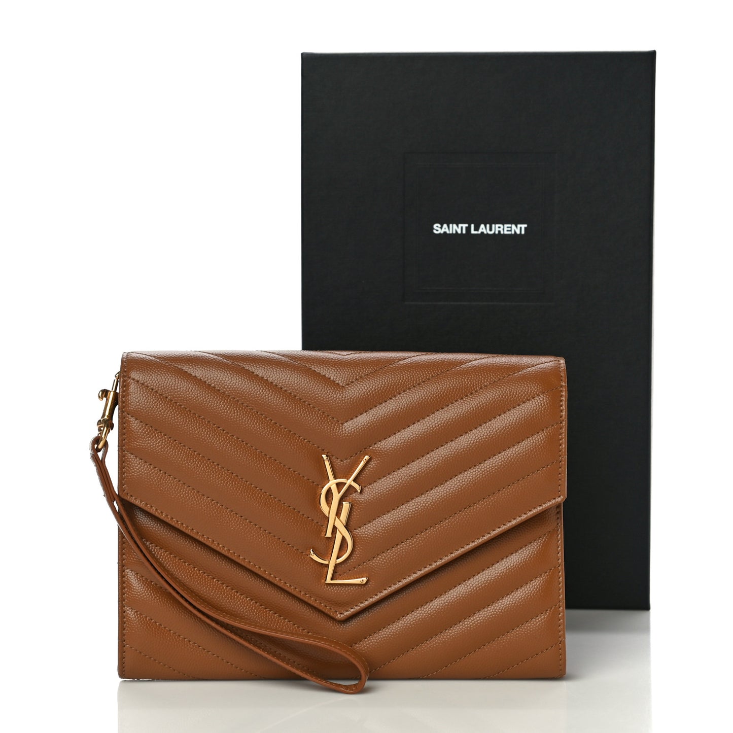 Grain De Poudre Matelasse Chevron Monogram Cassandre Flap Pouch Natural Dark