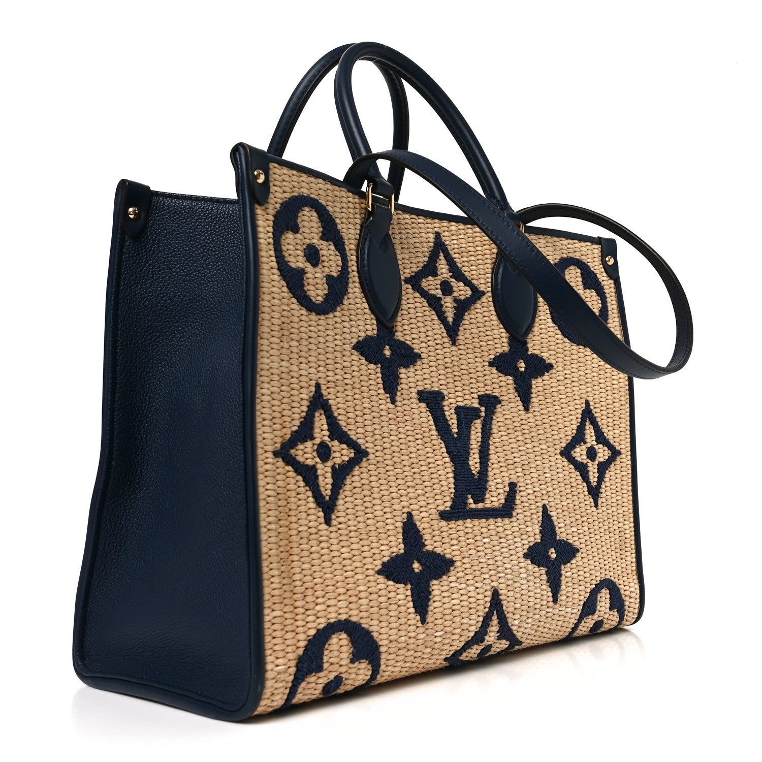 Louis Vuitton Raffia Calfskin Monogram Giant Onthego MM Blue 3 of 9