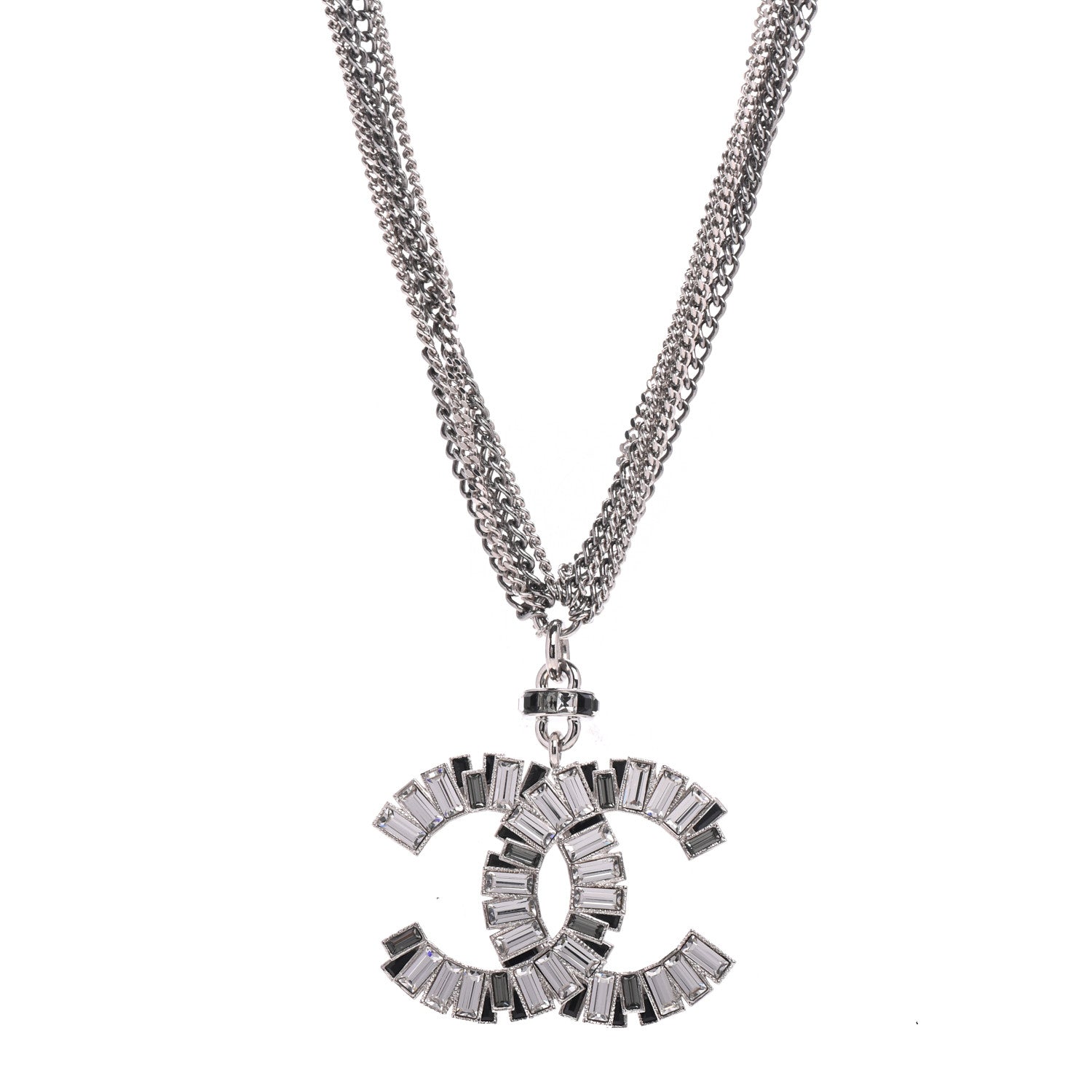 Chanel Baguette Crystal CC Multi Strand Pendant Necklace Silver 1 of 5