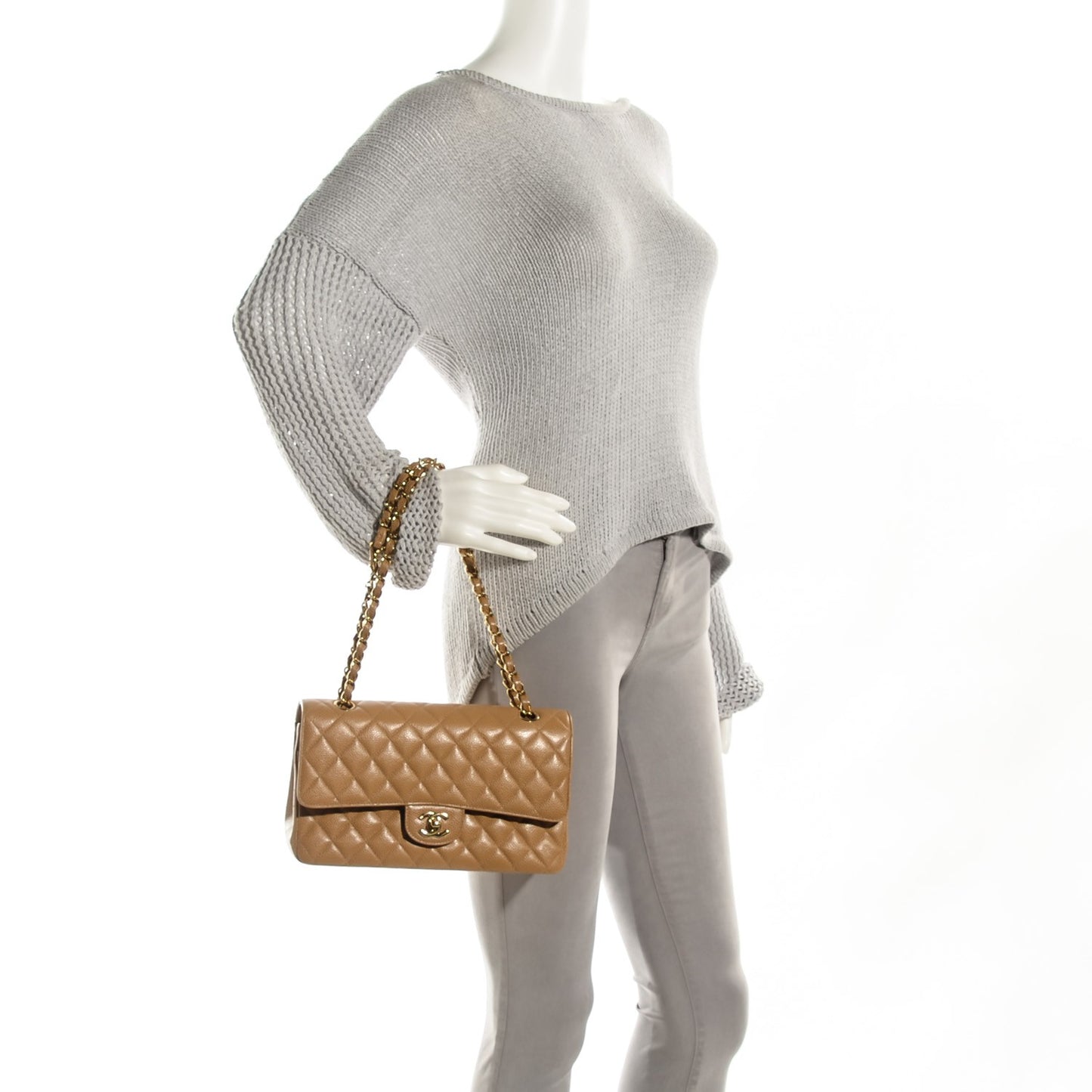 Caviar Quilted Medium Double Flap Beige