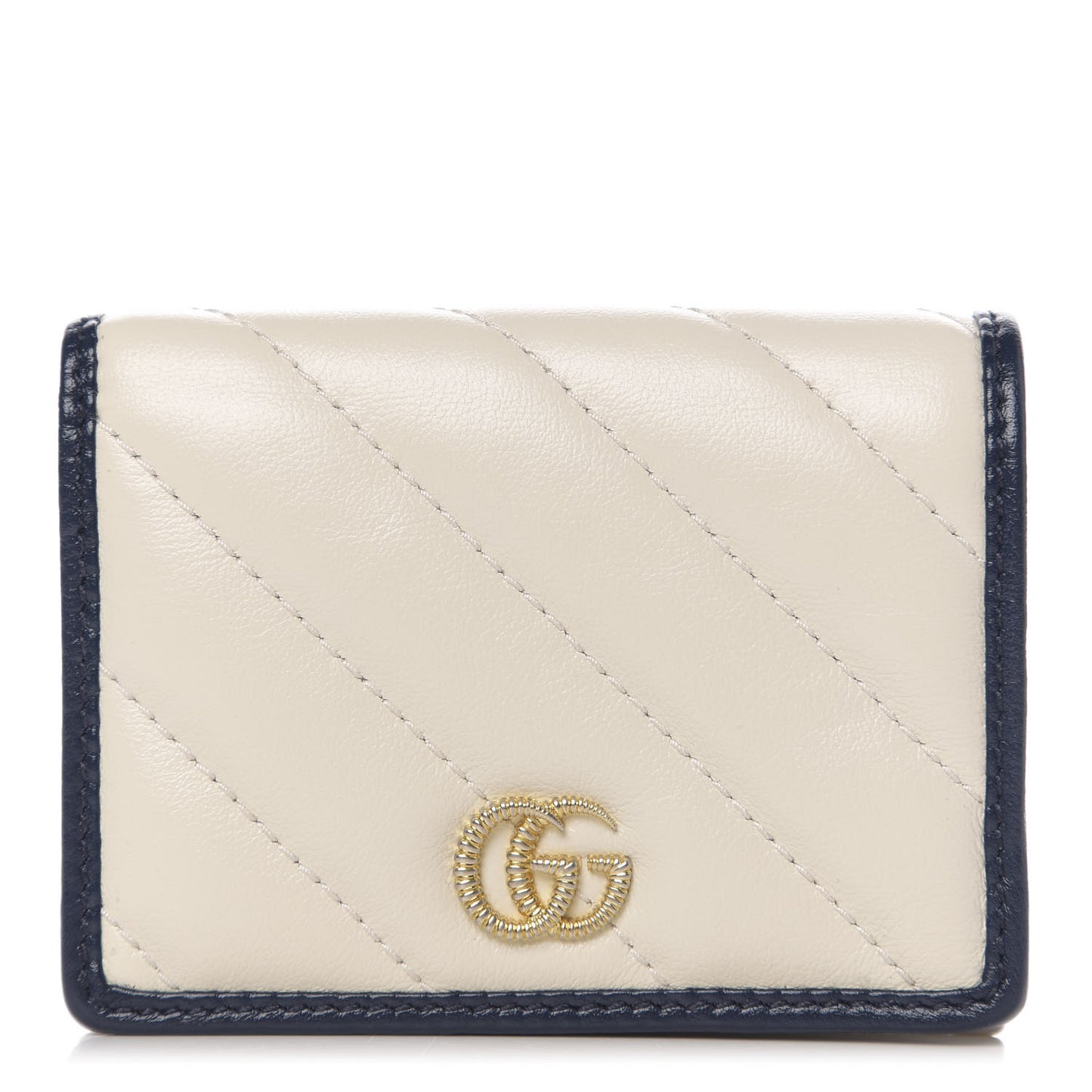 Vintage Effect Calfskin Matelasse Diagonal Torchon GG Marmont Card Case Wallet Mystic White Blue Agata