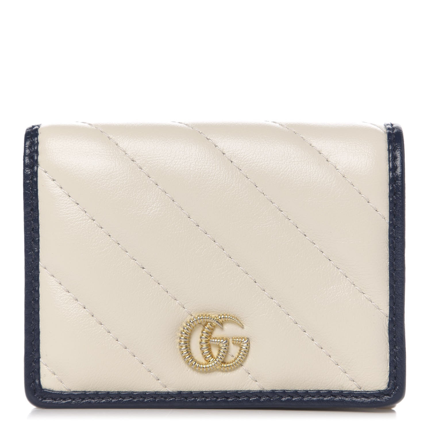 Gucci Vintage Effect Calfskin Matelasse Diagonal Torchon GG Marmont Card Case Wallet Mystic White Blue Agata 1 of 6